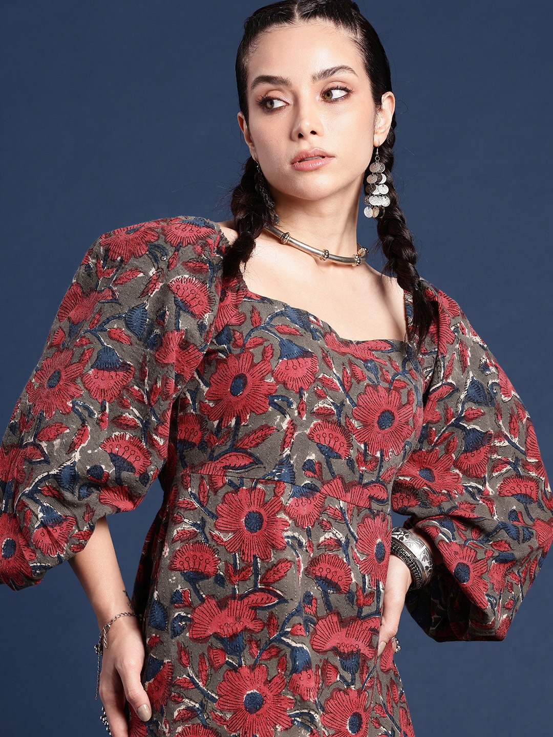 

Taavi Indie-Floral Print Puff Sleeves Cut-Out Detail A-line Bagru Ethnic Dress, Grey
