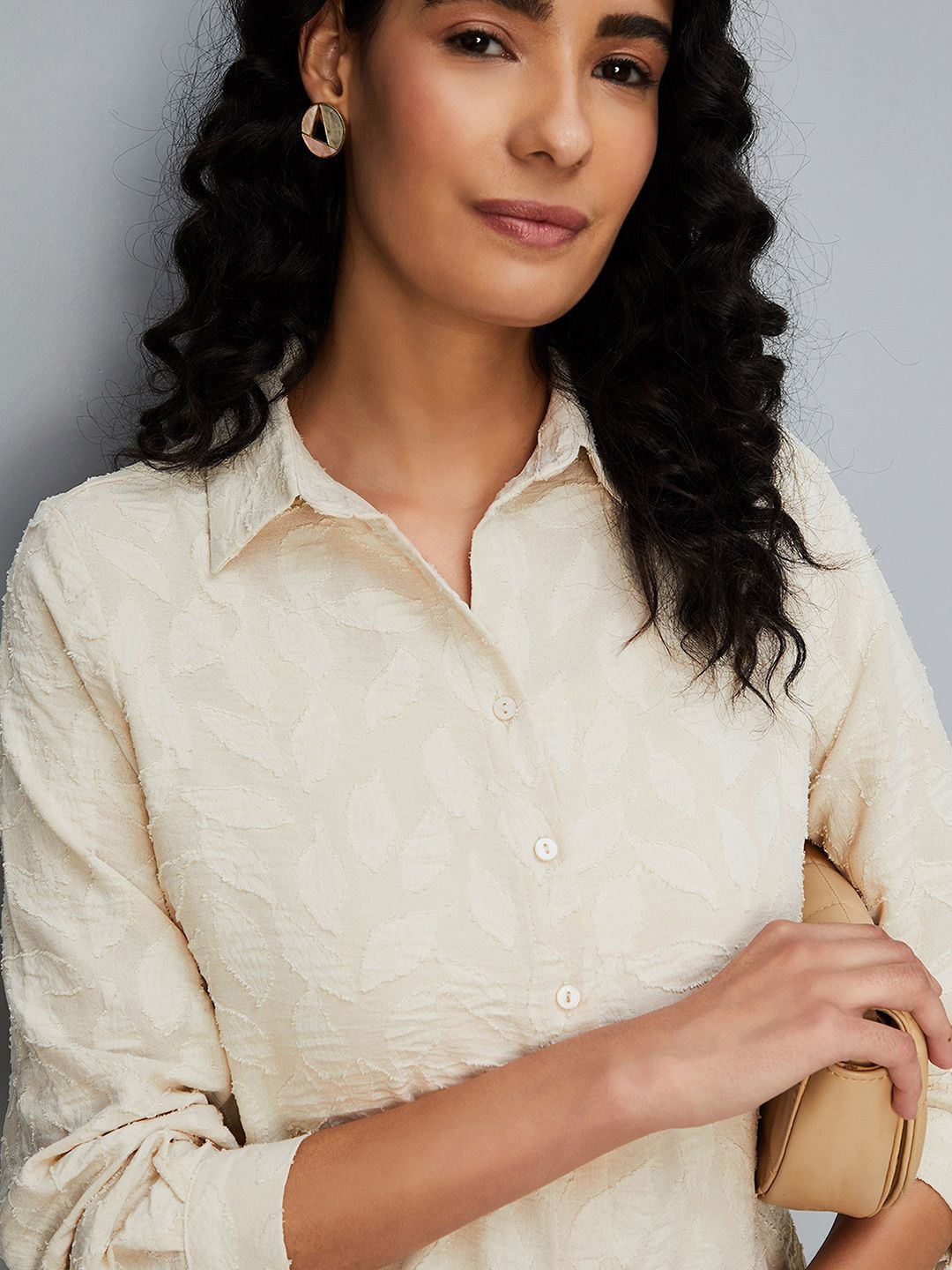 

max Women Spread Collar Solid Self Design Polyester Casual Shirt, Cream
