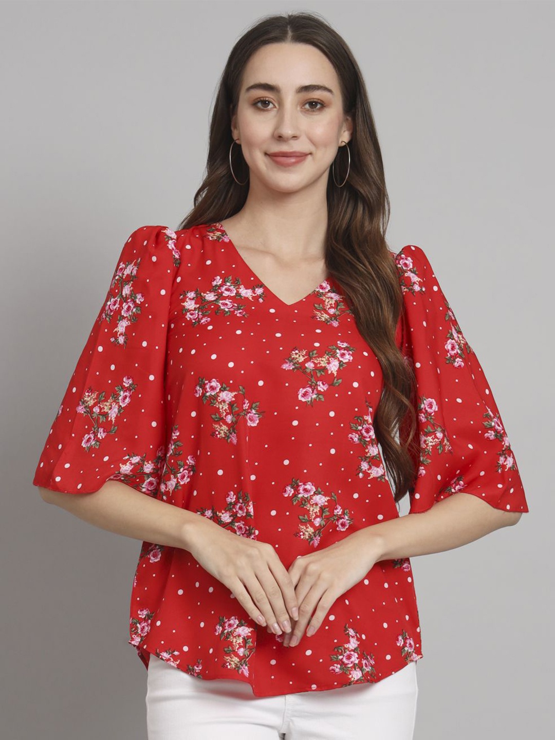 

Curvydrobe Floral Print Flared Sleeve Crepe Top, Red