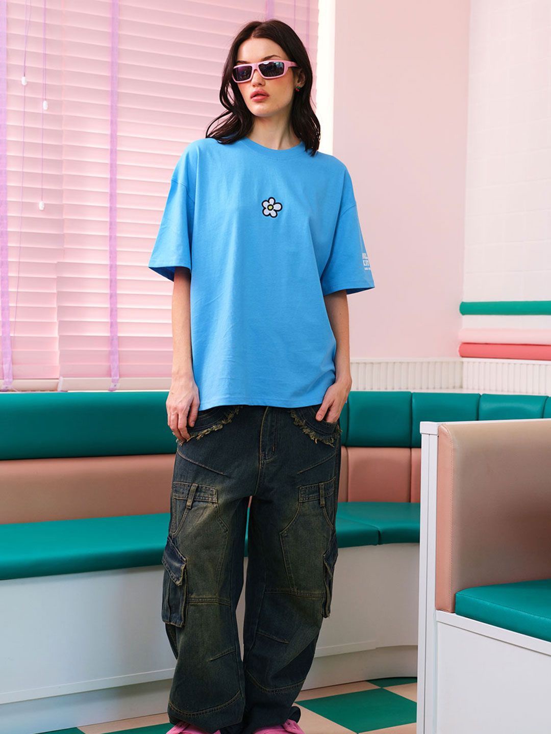 

Bonkers Corner Women Graphic Printed Round Neck Cotton Oversized T-Shirt, Blue