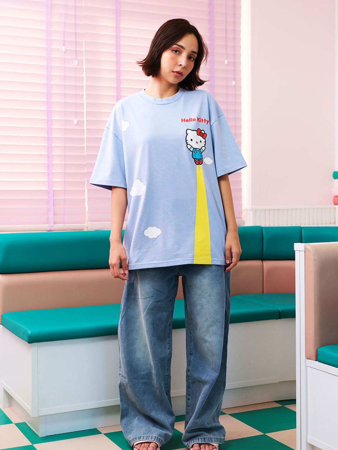 

Bonkers Corner Women Graphic Printed Round Neck Cotton Oversized T-Shirt, Blue