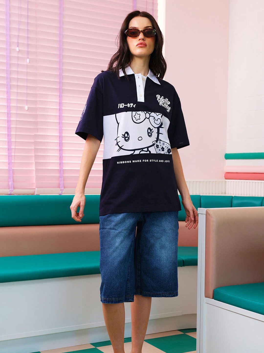 Bonkers Corner Women Graphic Printed Polo Collar Cotton Oversized T-Shirt, Navy blue