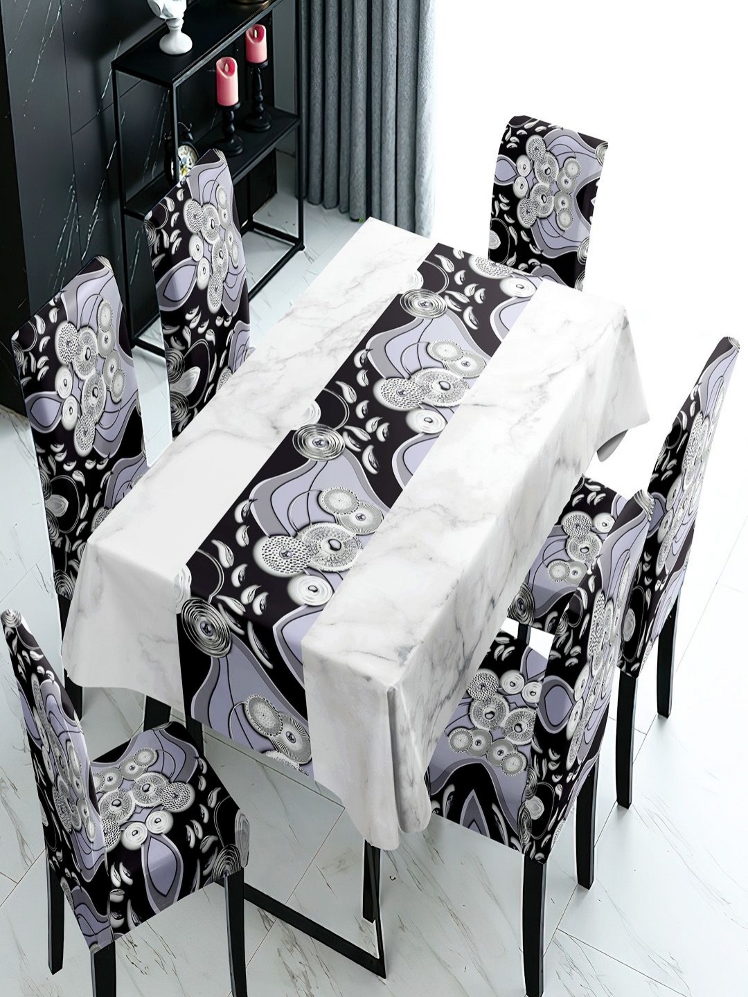 

HOKIPO Black & White 6 Pieces Printed Chair Covers With Table Cloth