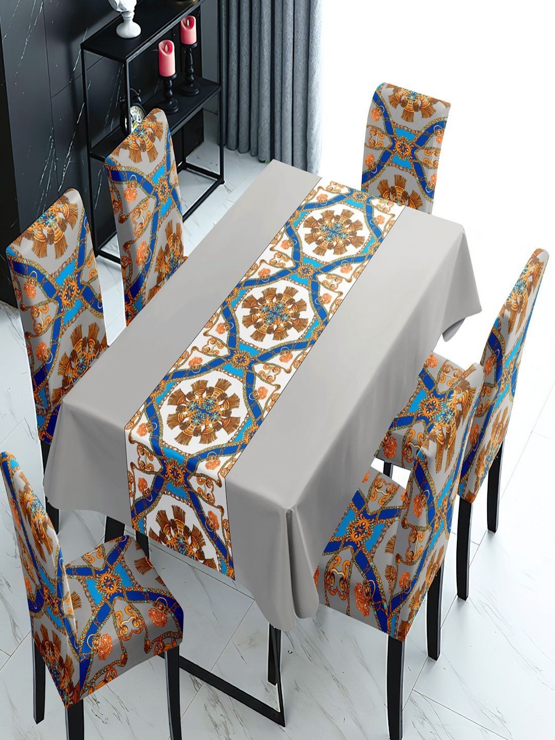 

HOKIPO Grey & Blue 6 Pieces Printed Chair Covers With Table Cover