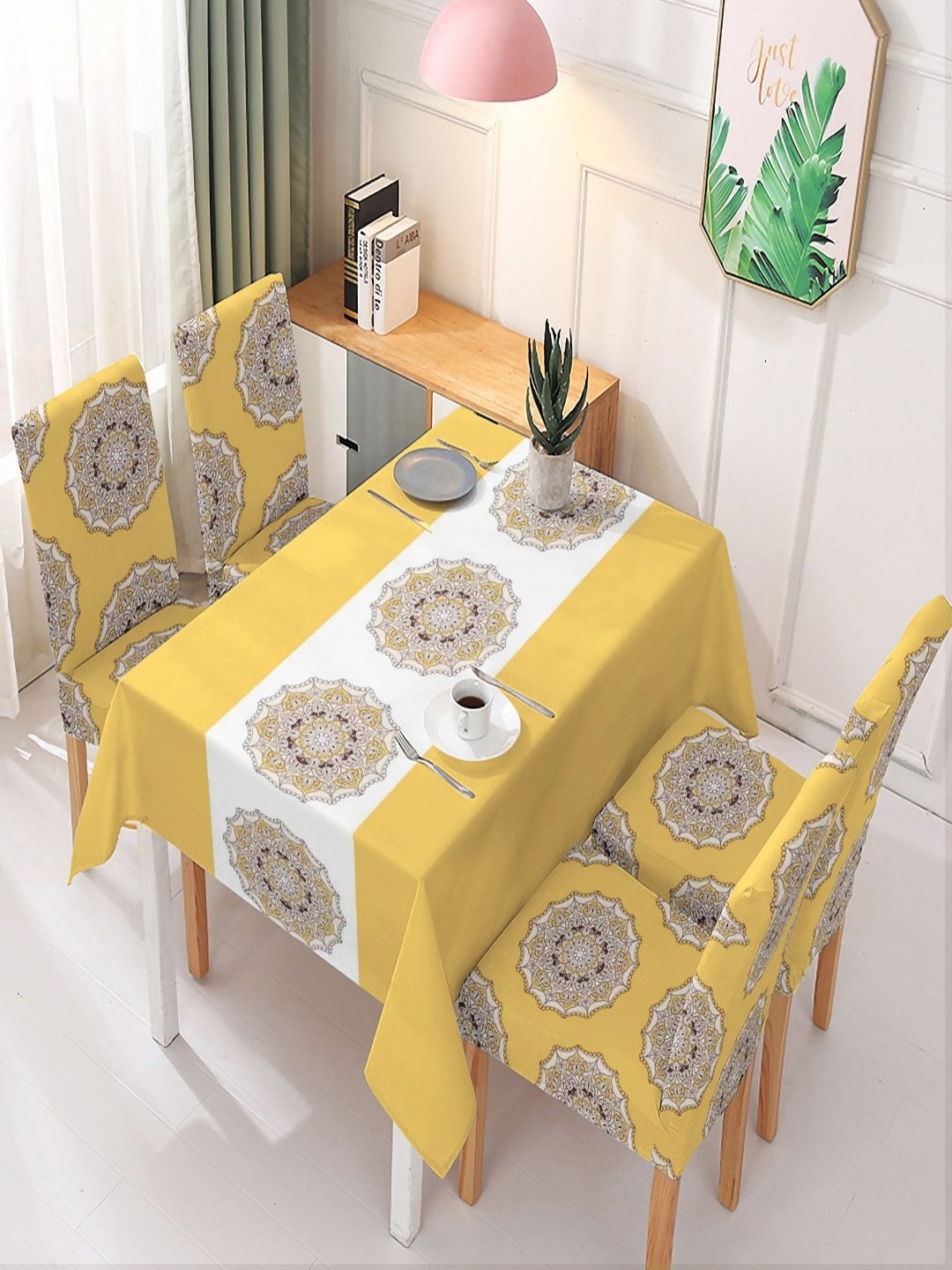 

HOKIPO Yellow & Grey 5 Pieces Printed Chair Cover & Table Cloth