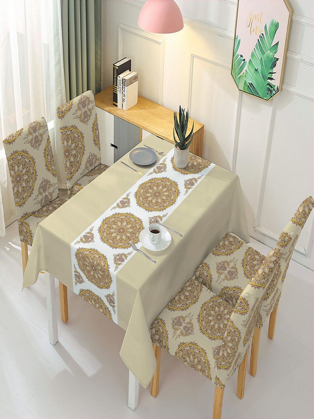 

HOKIPO Brown & White 5 Pieces Printed Suitable Chair Covers With Table Cloth
