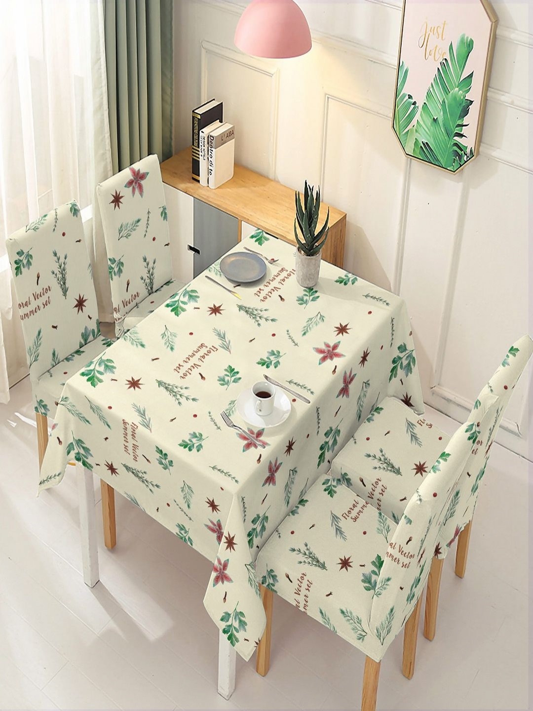 

HOKIPO Cream Colored & Green 5 Pieces Printed Chair Covers With Tablecloth