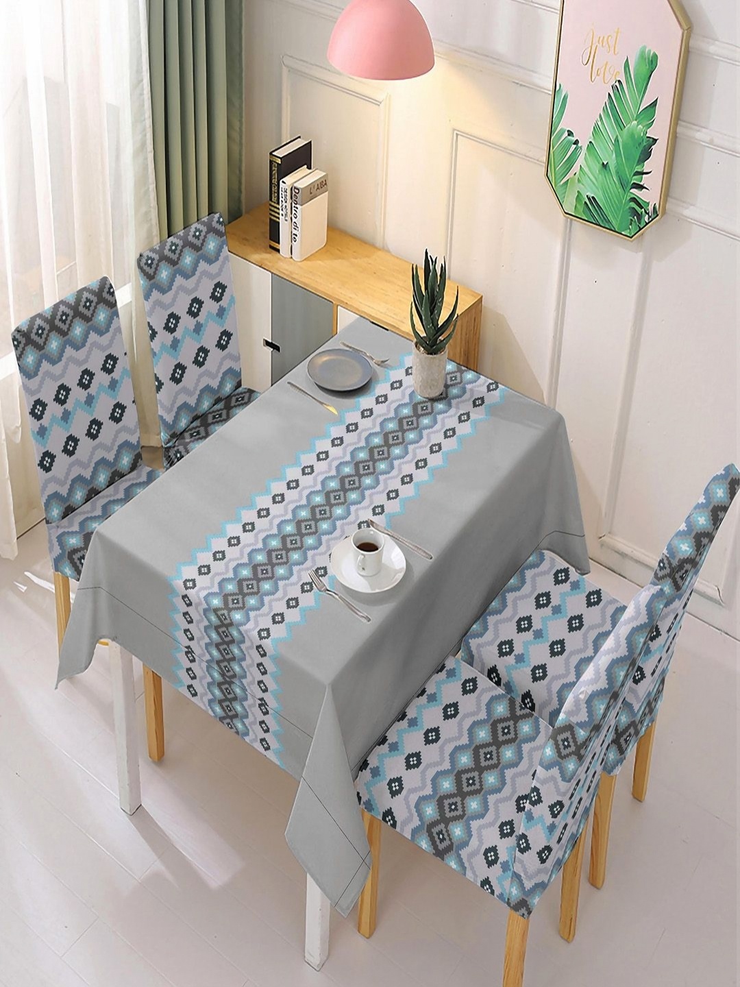 

Hokipo Grey & Blue 5 Pieces Printed Chair Covers with Table Cloth