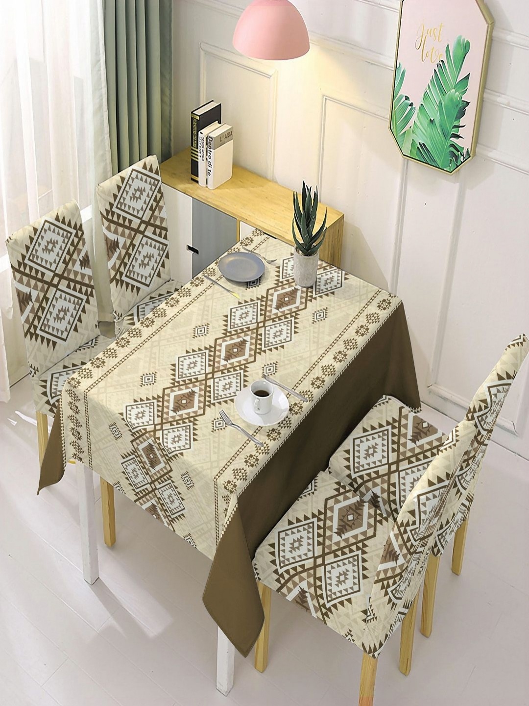 

HOKIPO Brown & White 5 Pieces Printed Suitable Chair Covers With Table Cloth