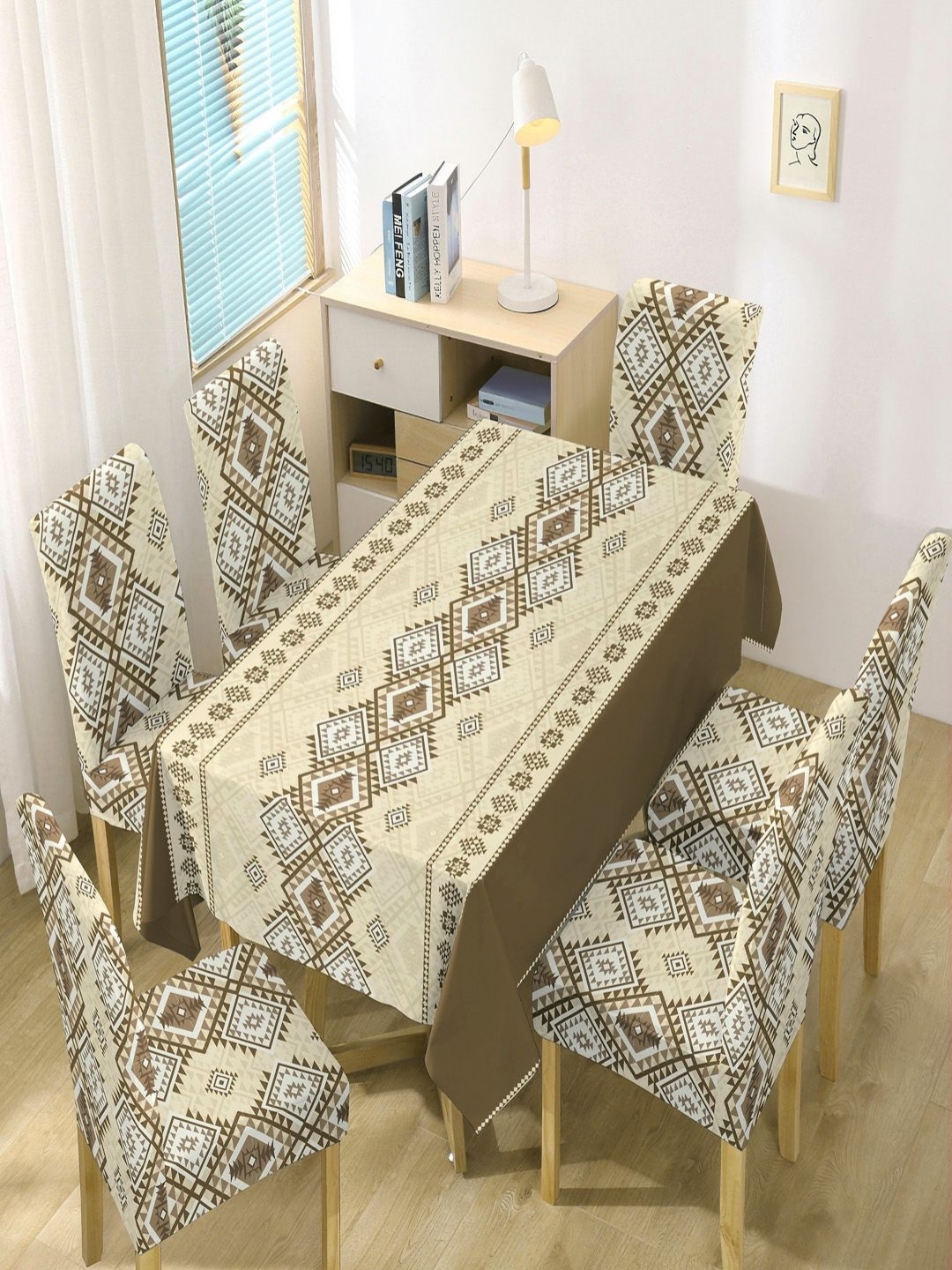 

HOKIPO Brown & White 7 Pieces Printed Chair Covers & Table Cloth