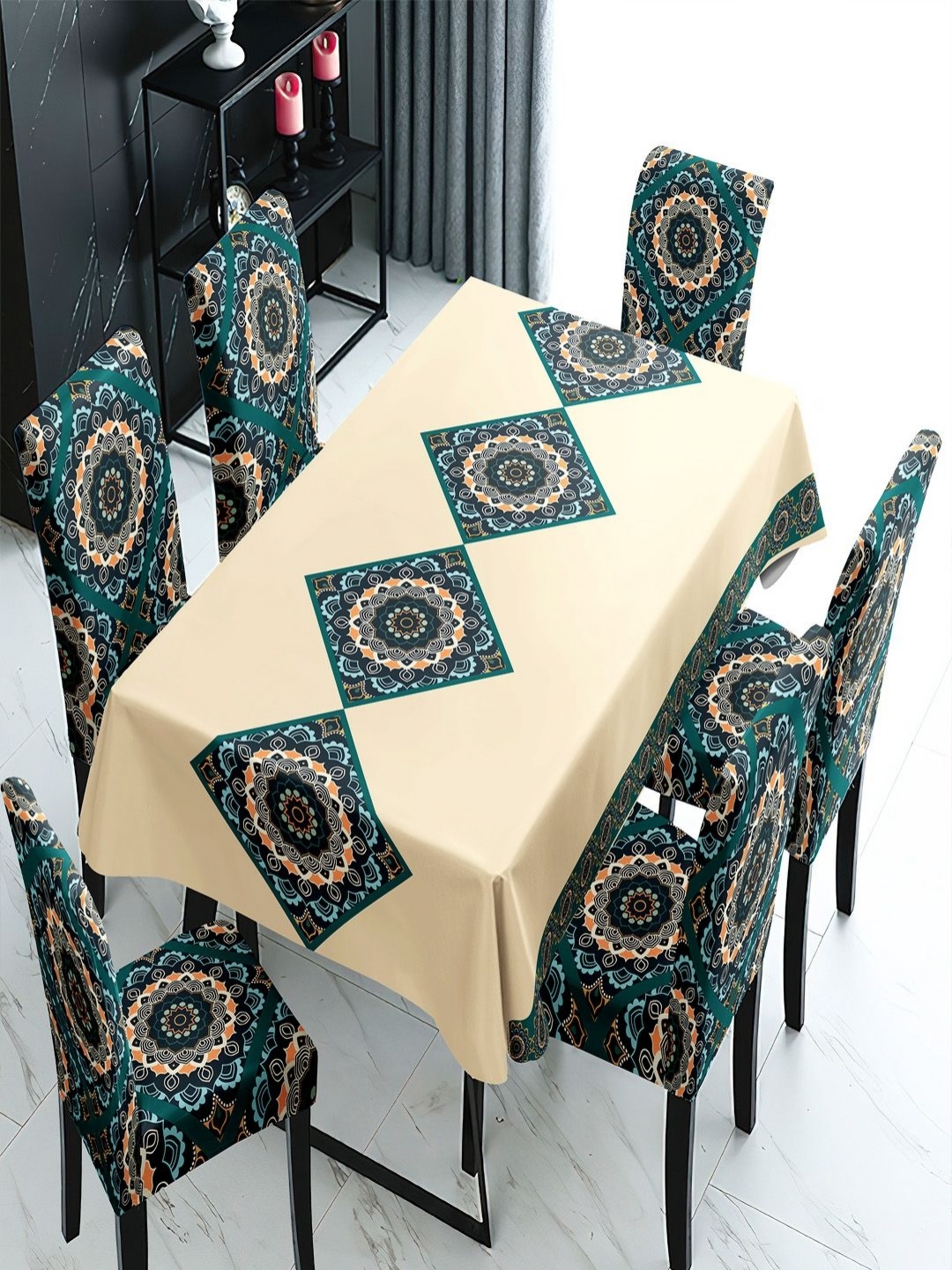 

HOKIPO Beige & Green 7 Pieces Printed Chair Covers & Table Cloth