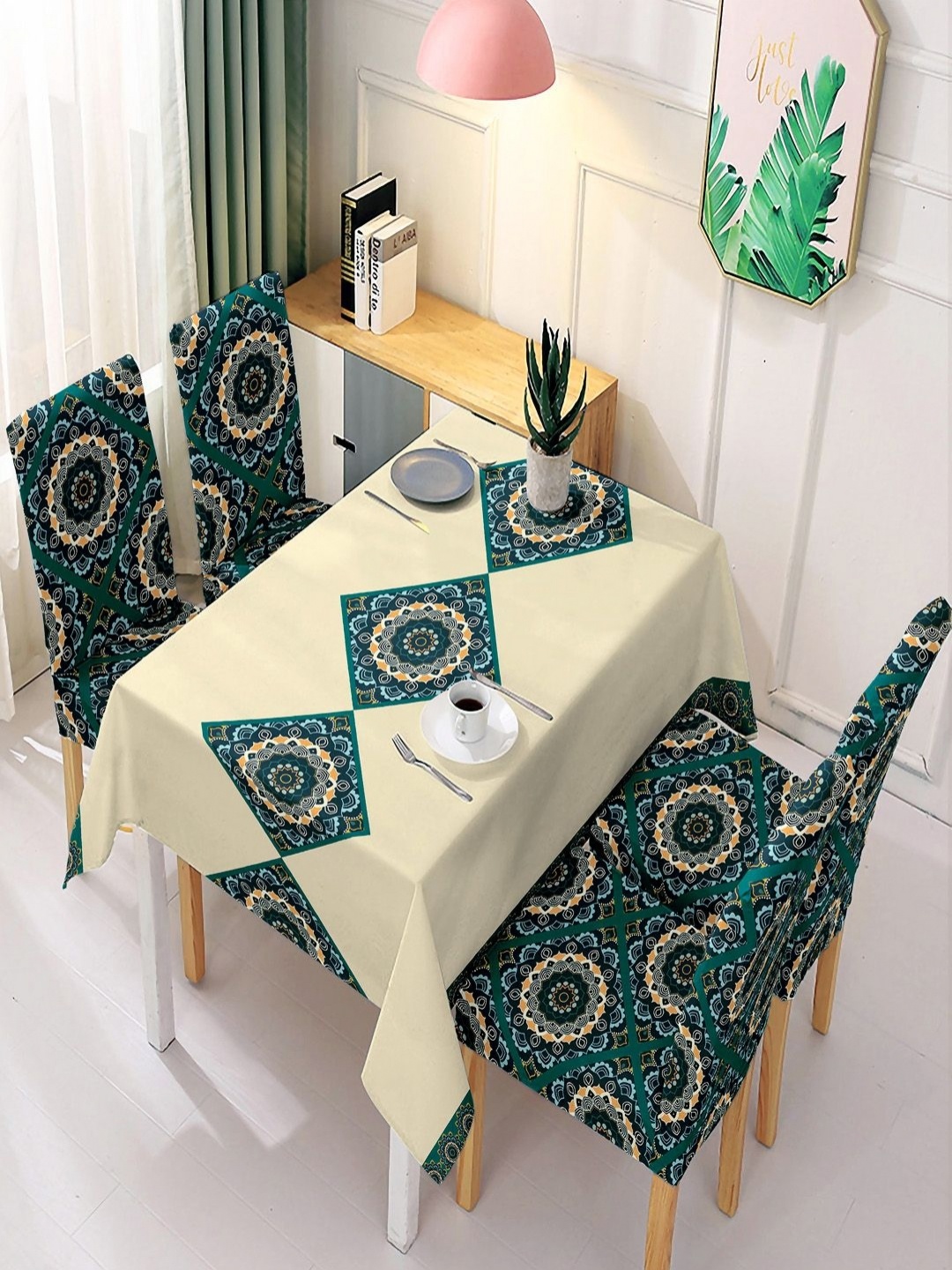 

Hokipo Beige & Green 5 Pieces Printed Chair Covers with Matching Table Cloth
