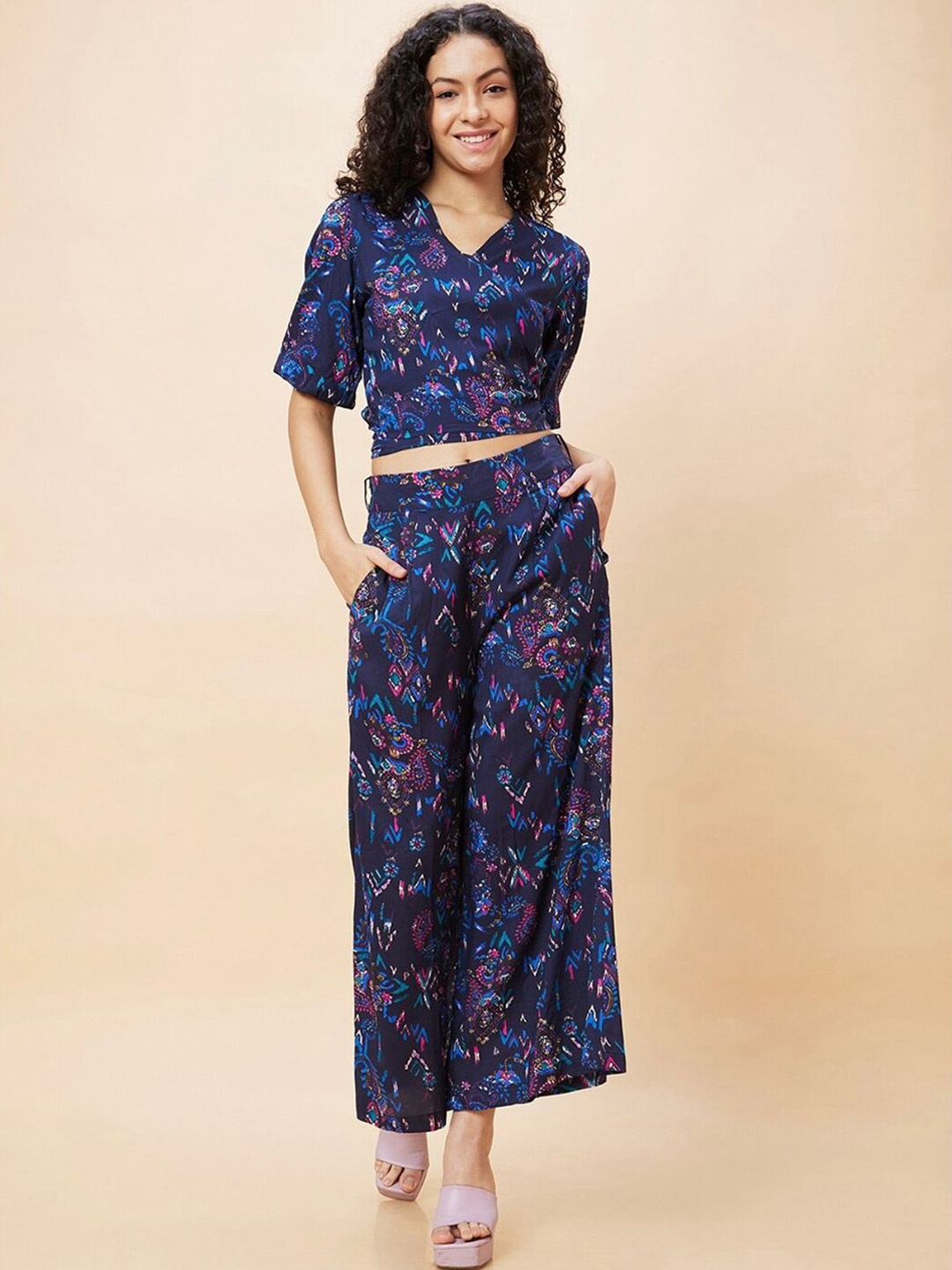 

ATRAENTA Printed Wrap Tie-Back Crop Top & Palazzos, Blue