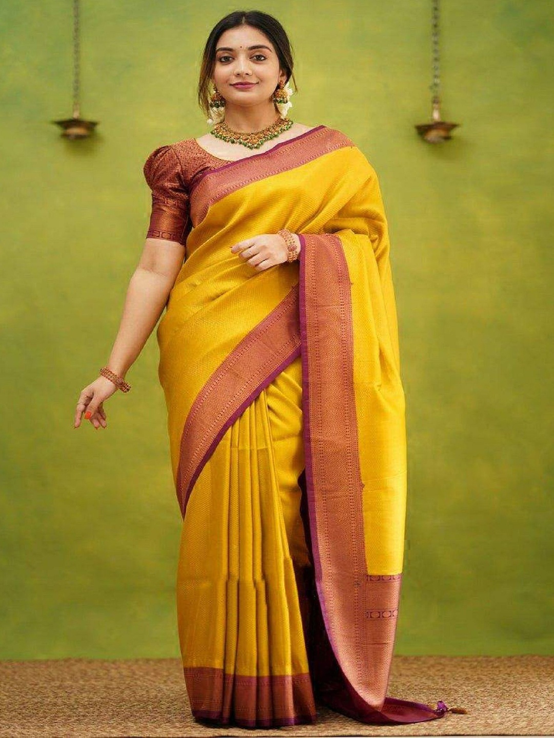 

JULEE Woven Design Zari Pure Silk Kanjeevaram Saree, Mustard