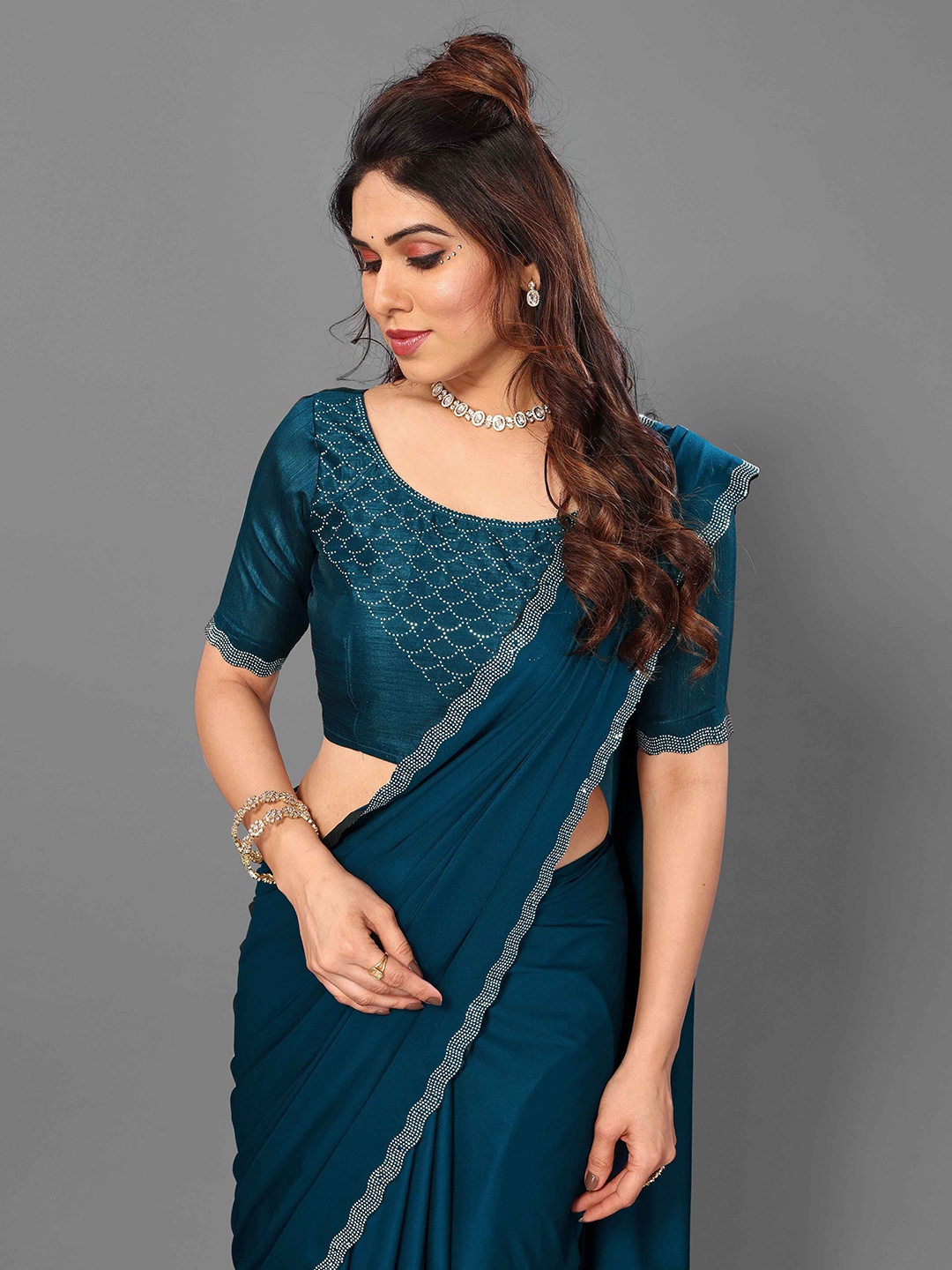 

ejoty fashion Embellished Beads and Stones Saree With Blouse Piece, Teal