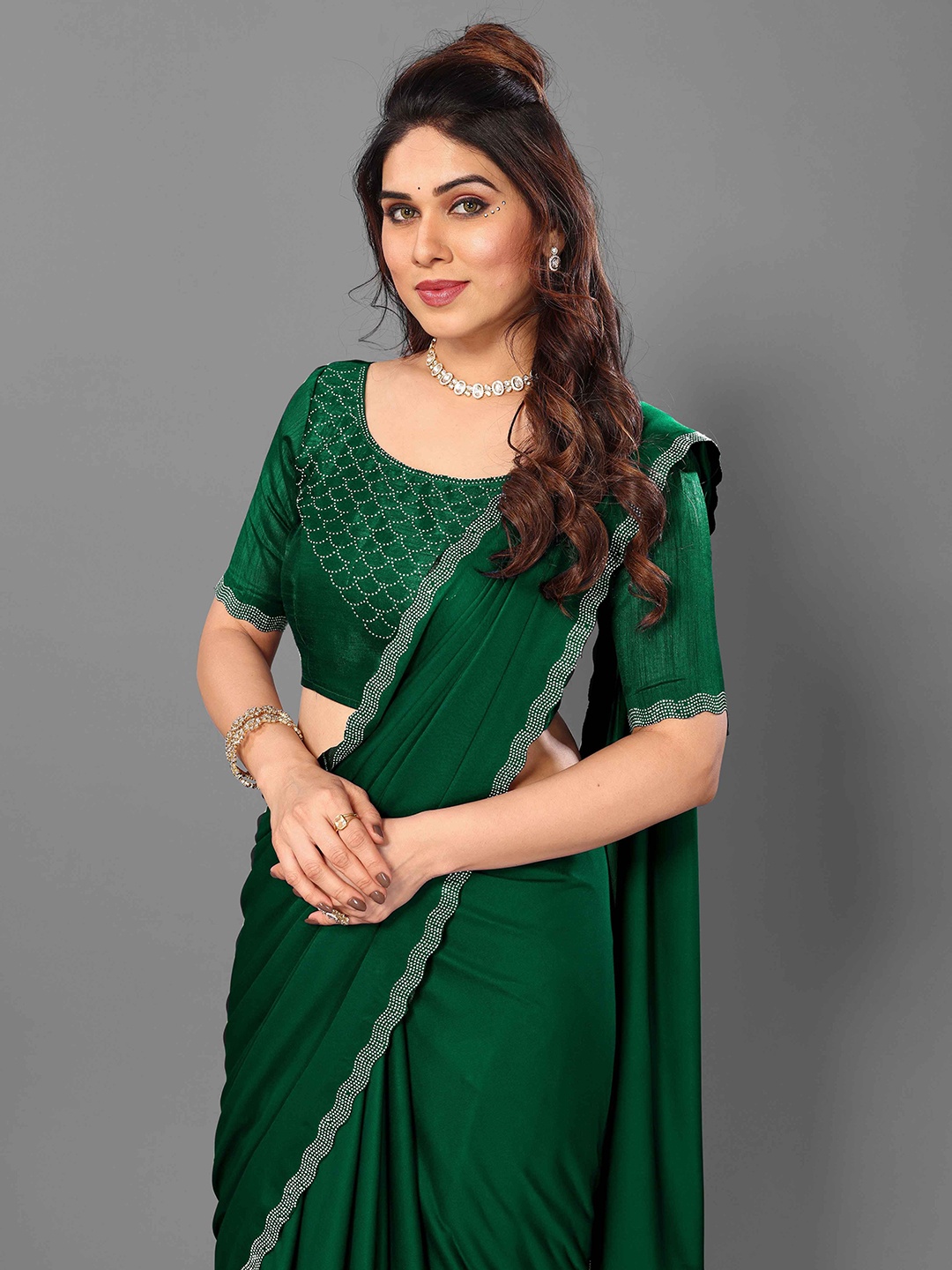 

ejoty fashion Beads and Stones Saree, Green