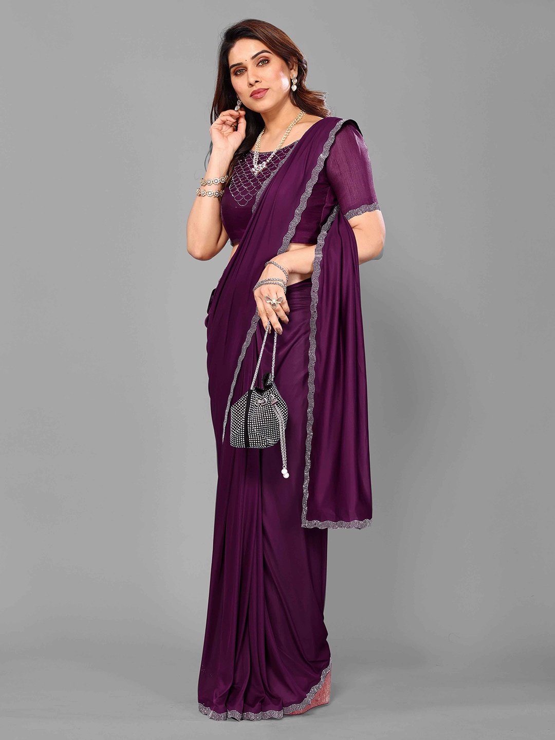 

ejoty fashion Beads and Stones Saree, Burgundy