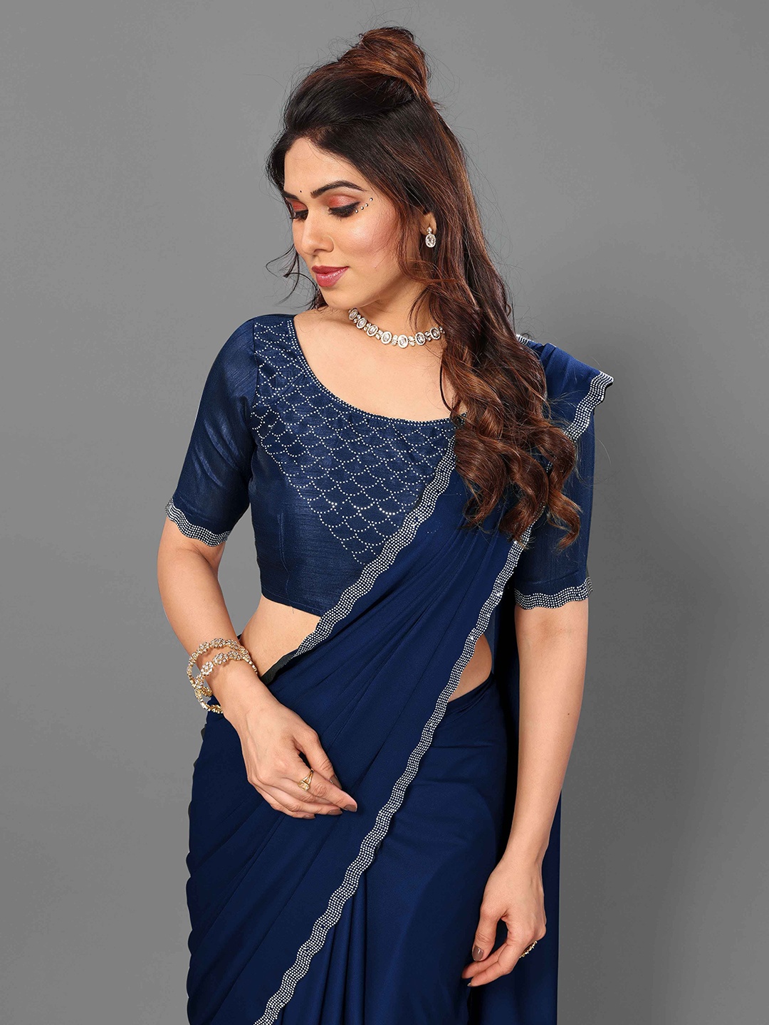 

ejoty fashion Embellished Soft Saree, Navy blue