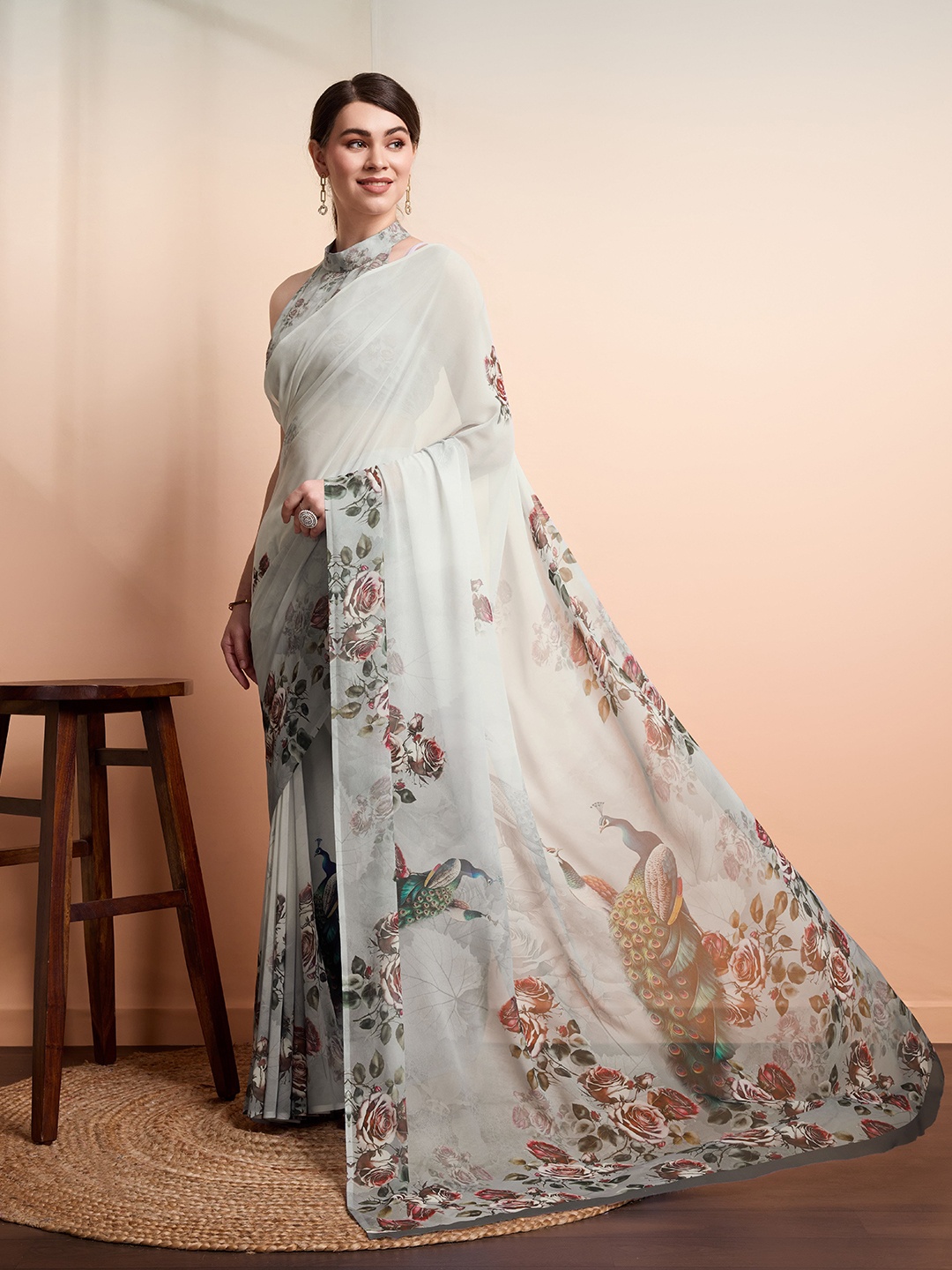 

RACHNA Floral Pure Georgette Ready to Wear Saree, Grey