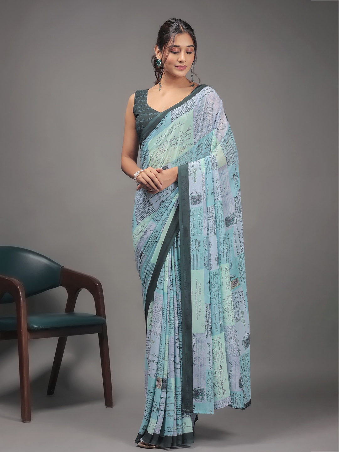 

RACHNA Women Post Card Prints Saree, Green