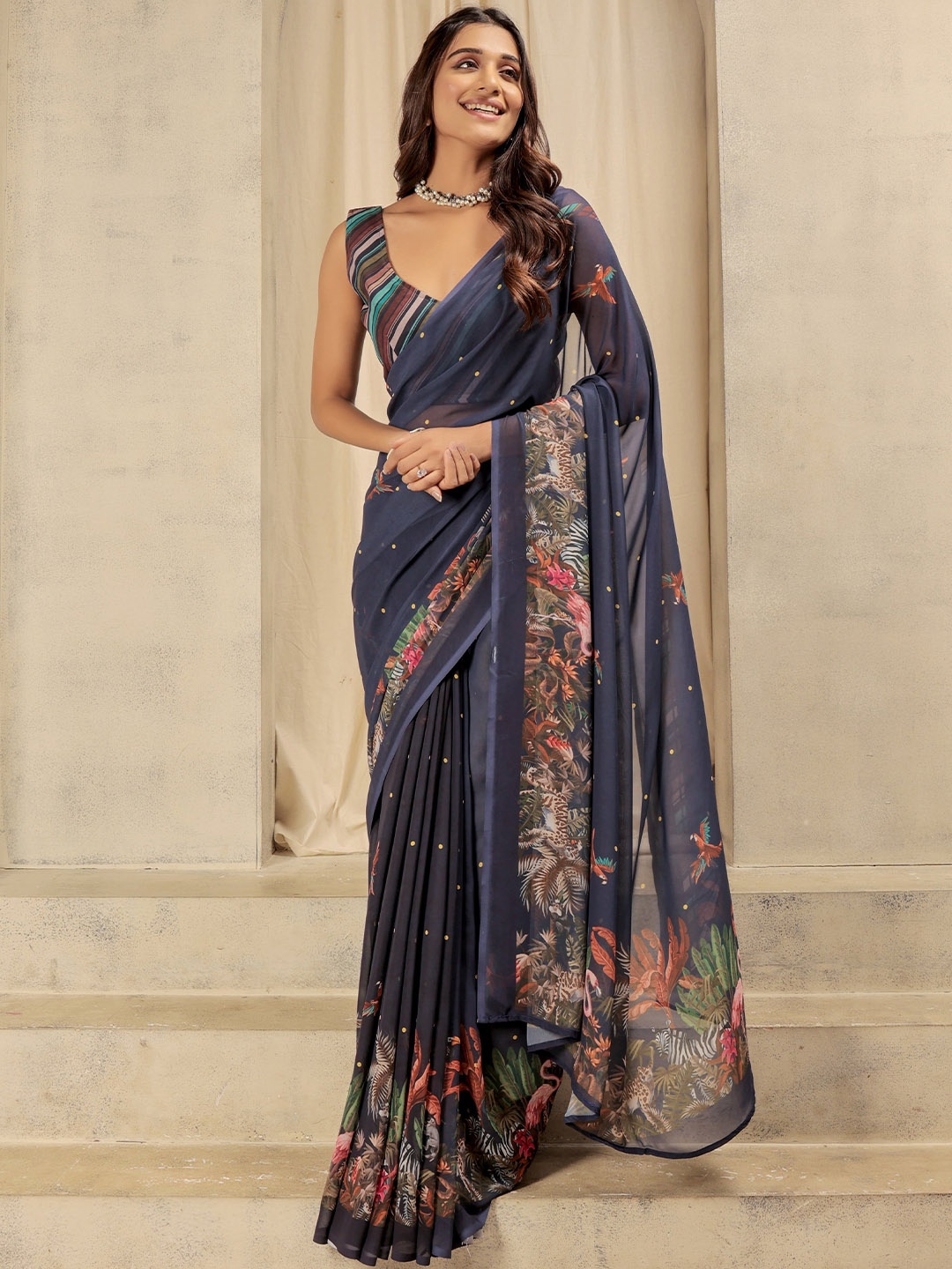 RACHNA Floral Ready to Wear Saree, Navy blue