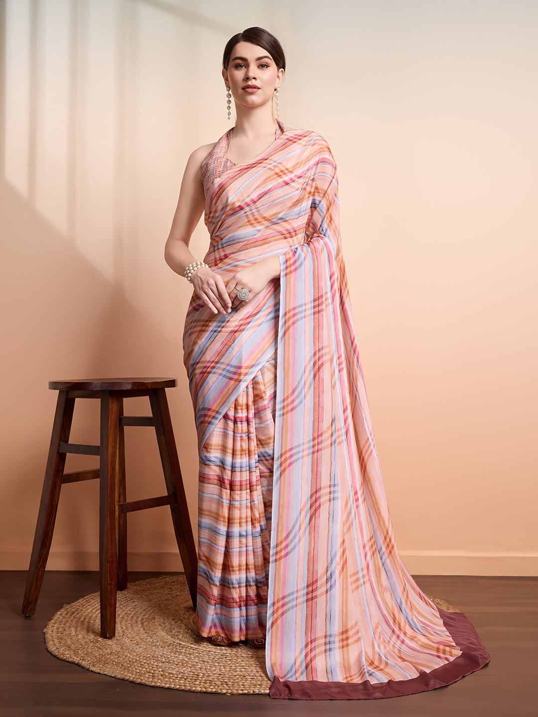 

RACHNA Striped Printed Saree, Peach