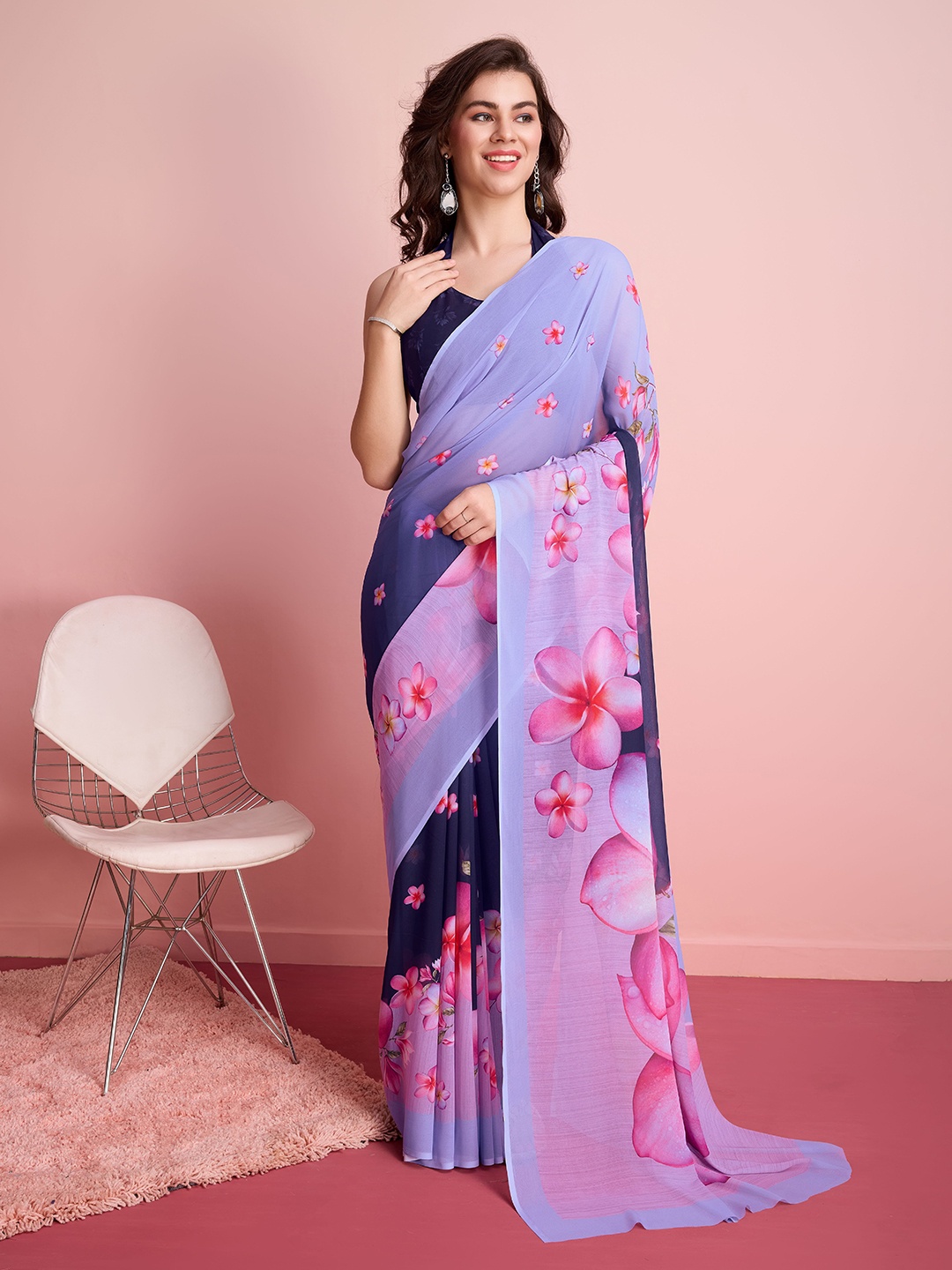 

RACHNA Floral Poly Georgette Ready to Wear Saree, Purple