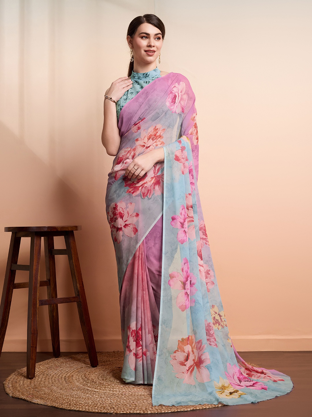 

RACHNA Pure Georgette Digital Floral Printed Saree, Pink