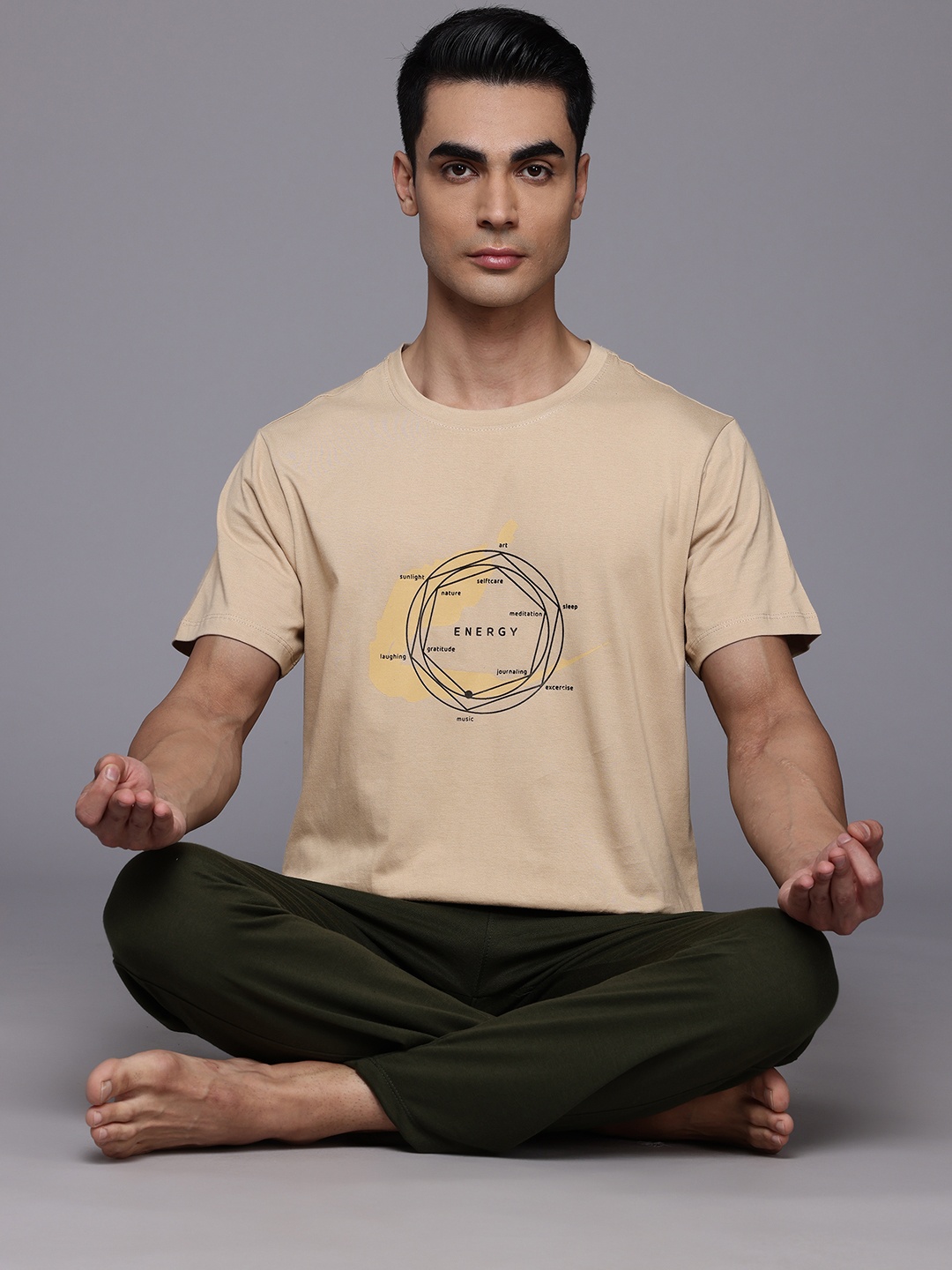 

HRX by Hrithik Roshan Men Printed Pure Cotton Yoga T-shirt, Beige