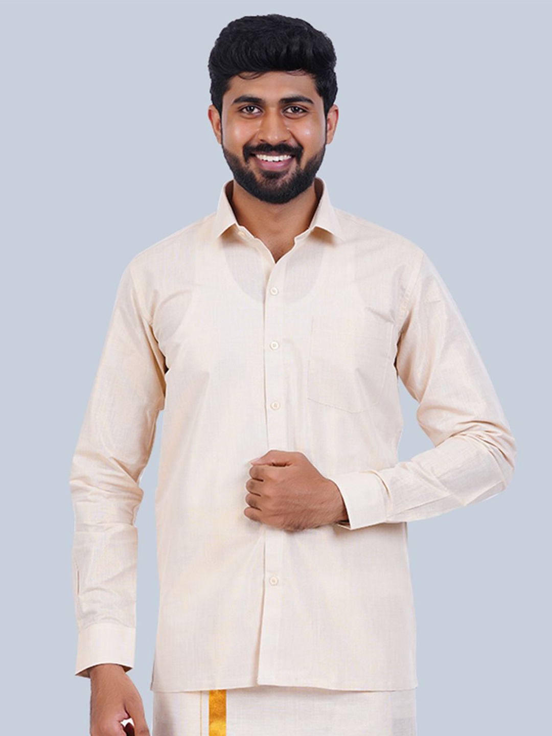 

THANGAMAGAN Men Standard Spread Collar Solid Cotton Casual Shirt, Gold