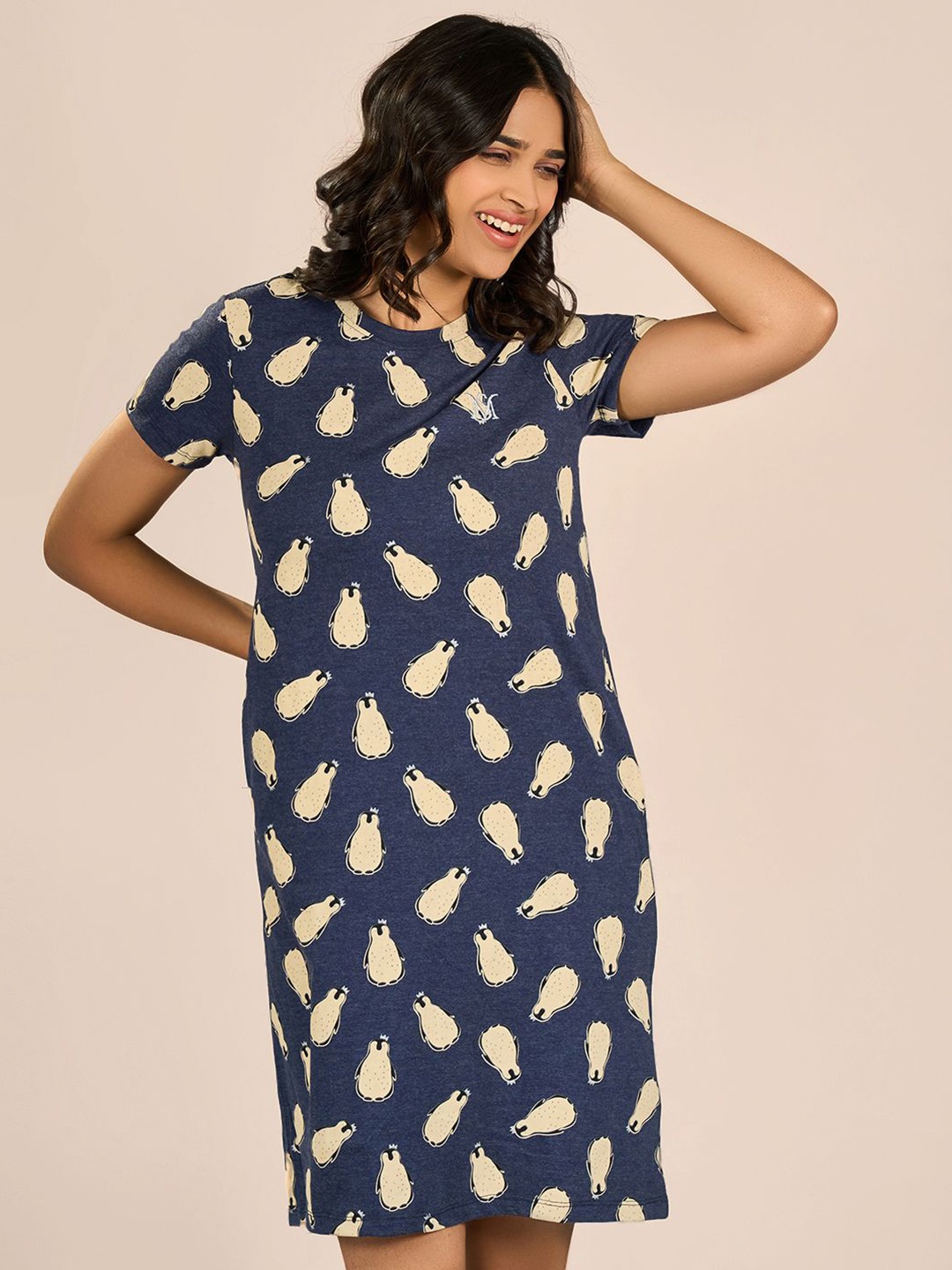 

MAYSIXTY Women Print Pure Cotton T-shirt Dress, Blue