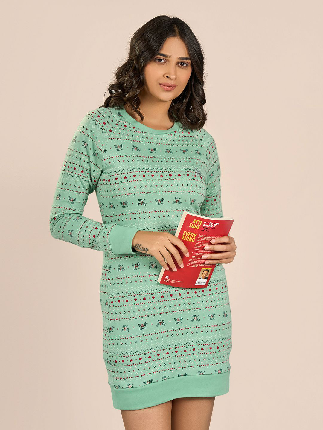 

MAYSIXTY Women Printed Round Neck Pure Cotton Above Knee T-shirt Nightdress, Green