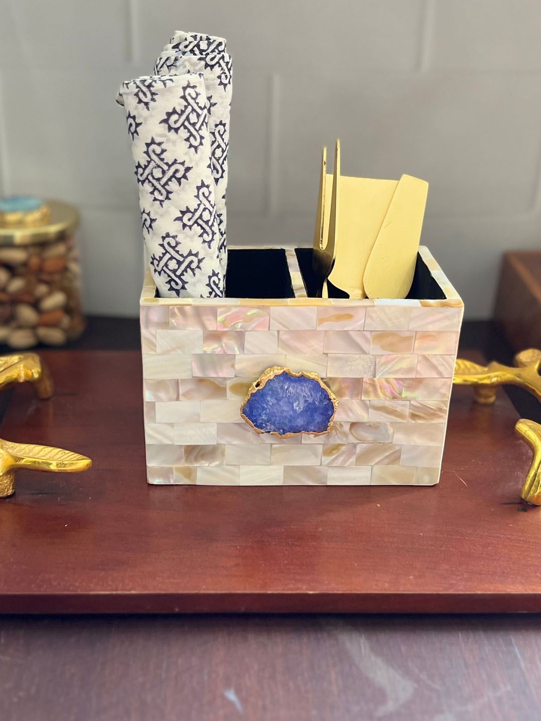 

HOMEARTE Off White & Blue Agate Tableware Cutlery Stand