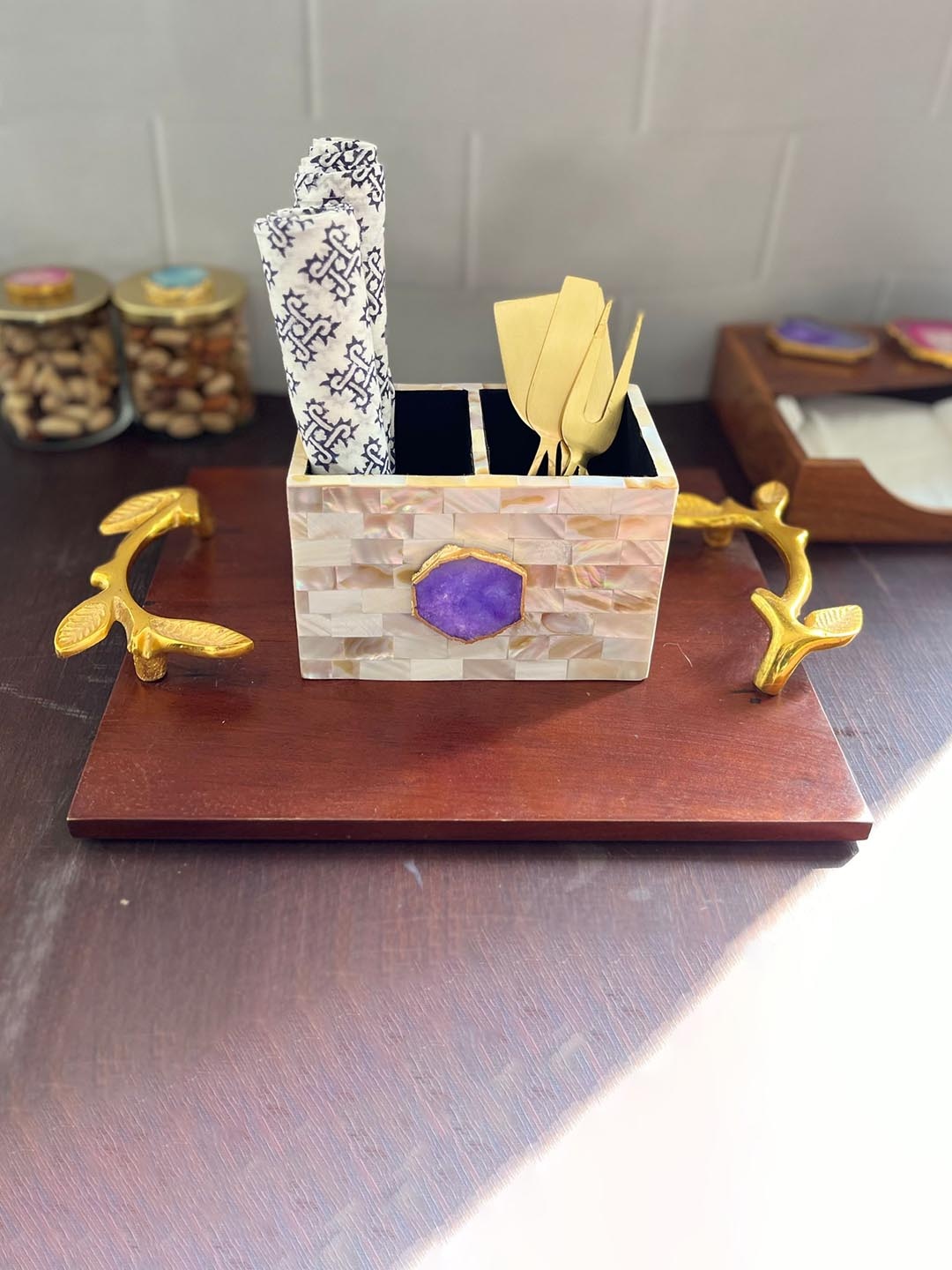 

HOMEARTE Off White & Purple Agate Tableware Cutlery Holder
