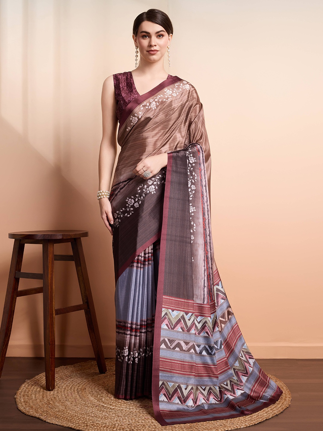 

RACHNA Floral Satin Ready to Wear Saree, Coffee brown