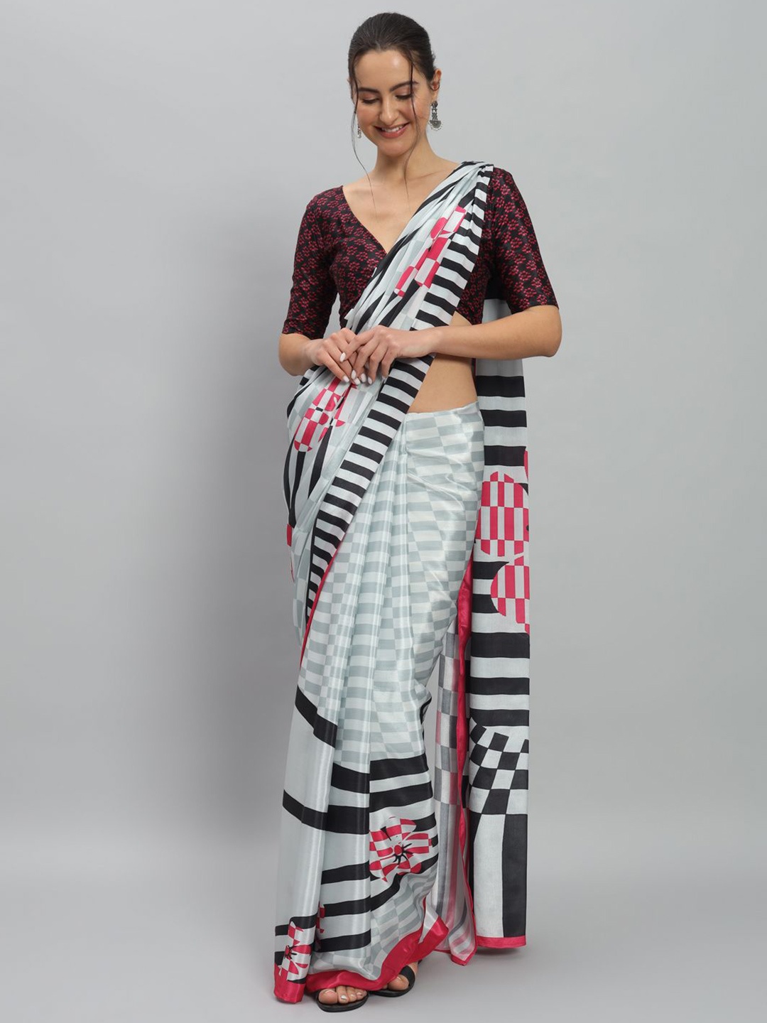 

RACHNA Printed Satin Ready to Wear Saree, Pink