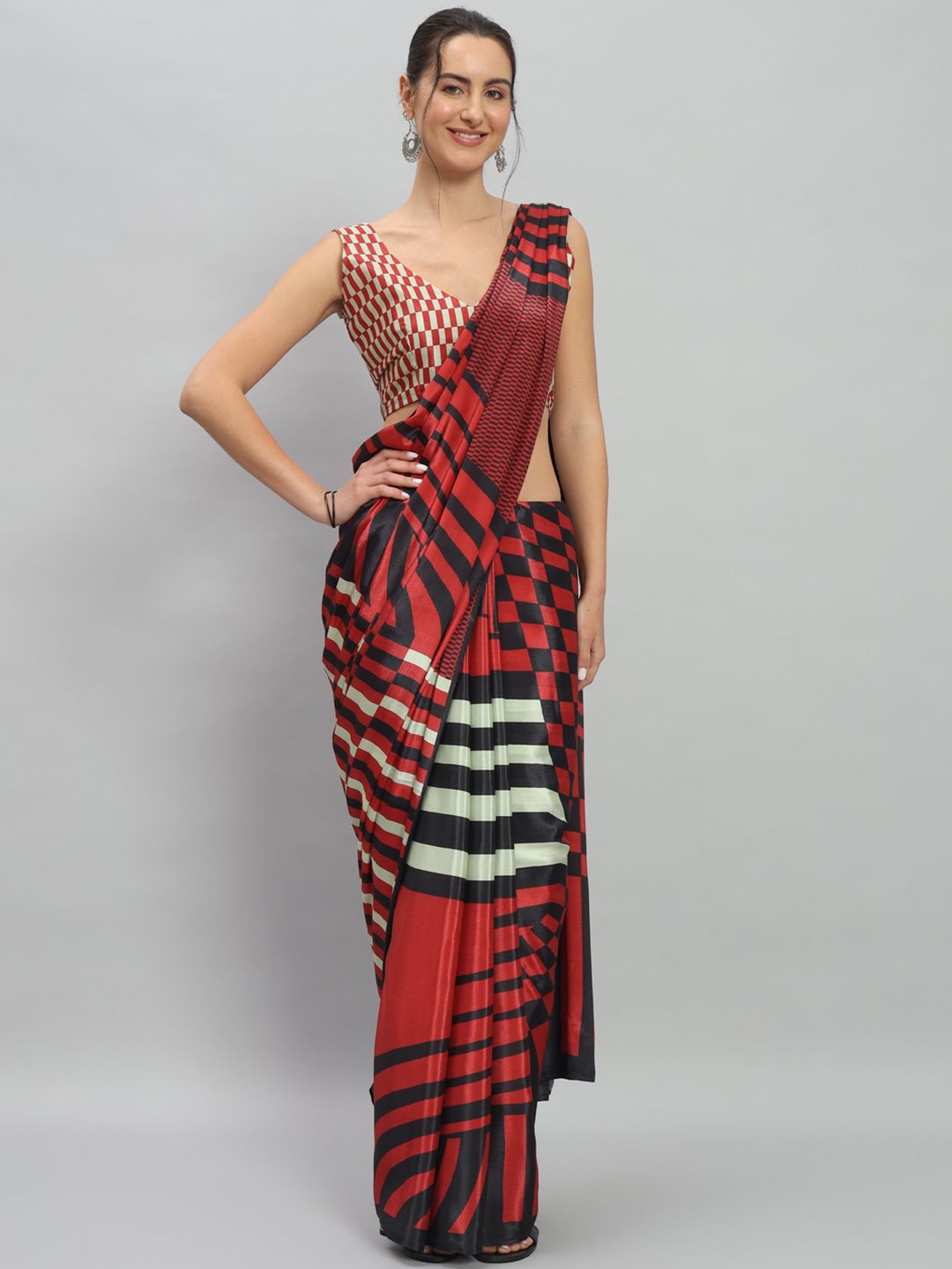 

RACHNA Striped Printed Satin Ready to Wear Saree, Red