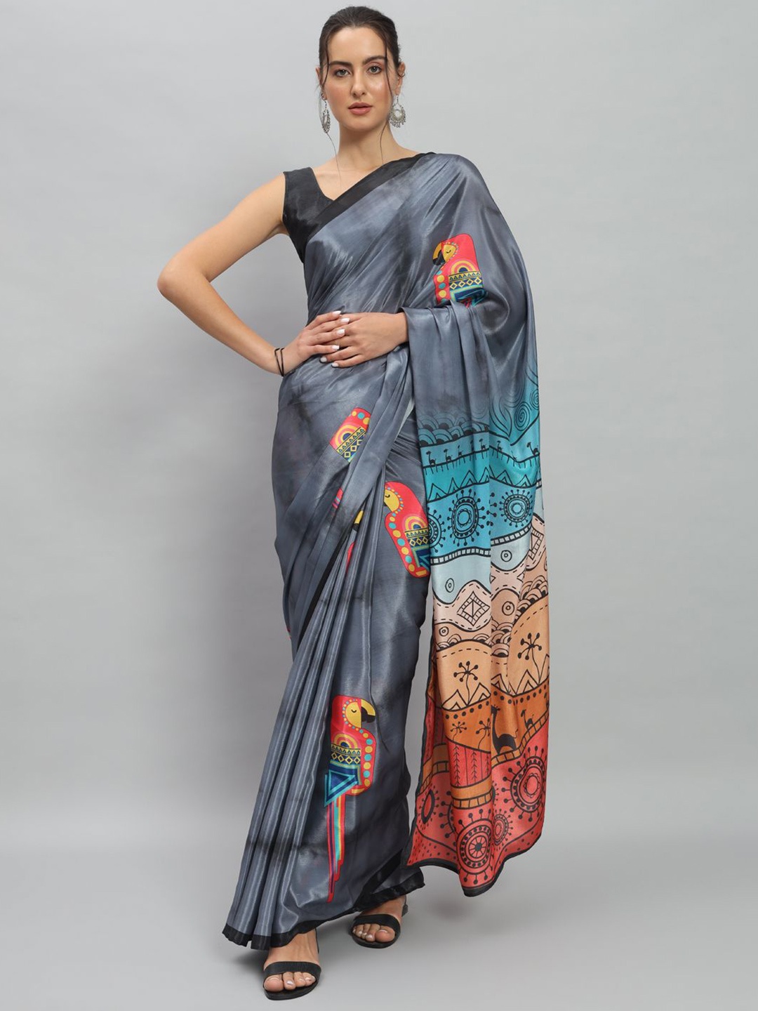 

RACHNA Women Digital Printed Satin Saree, Grey