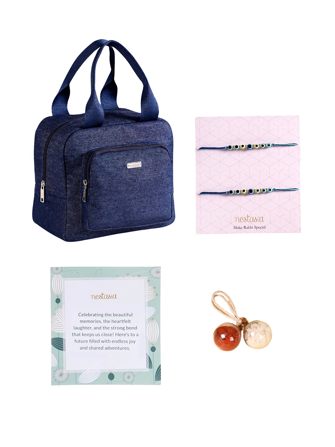 

Nestasia Set Of 3 Evil Eye Beaded Thread Rakhis With Lunch Box & Roli Chawal, Blue