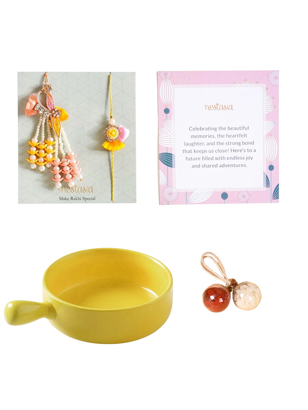 

Nestasia Set Of 3 Stone Studded Thread Rakhis With Bowl & Roli Chawal, Yellow