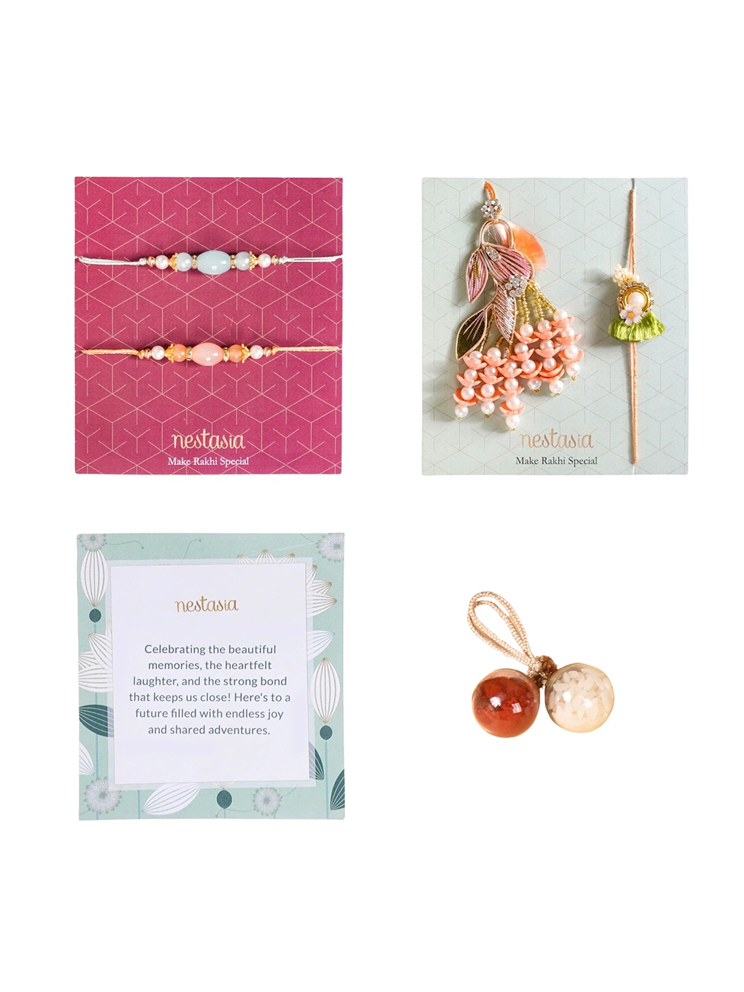 

Nestasia Set Of 4 Beaded Lumba & Thread Rakhis With Greeting Card & Roli Chawal, White