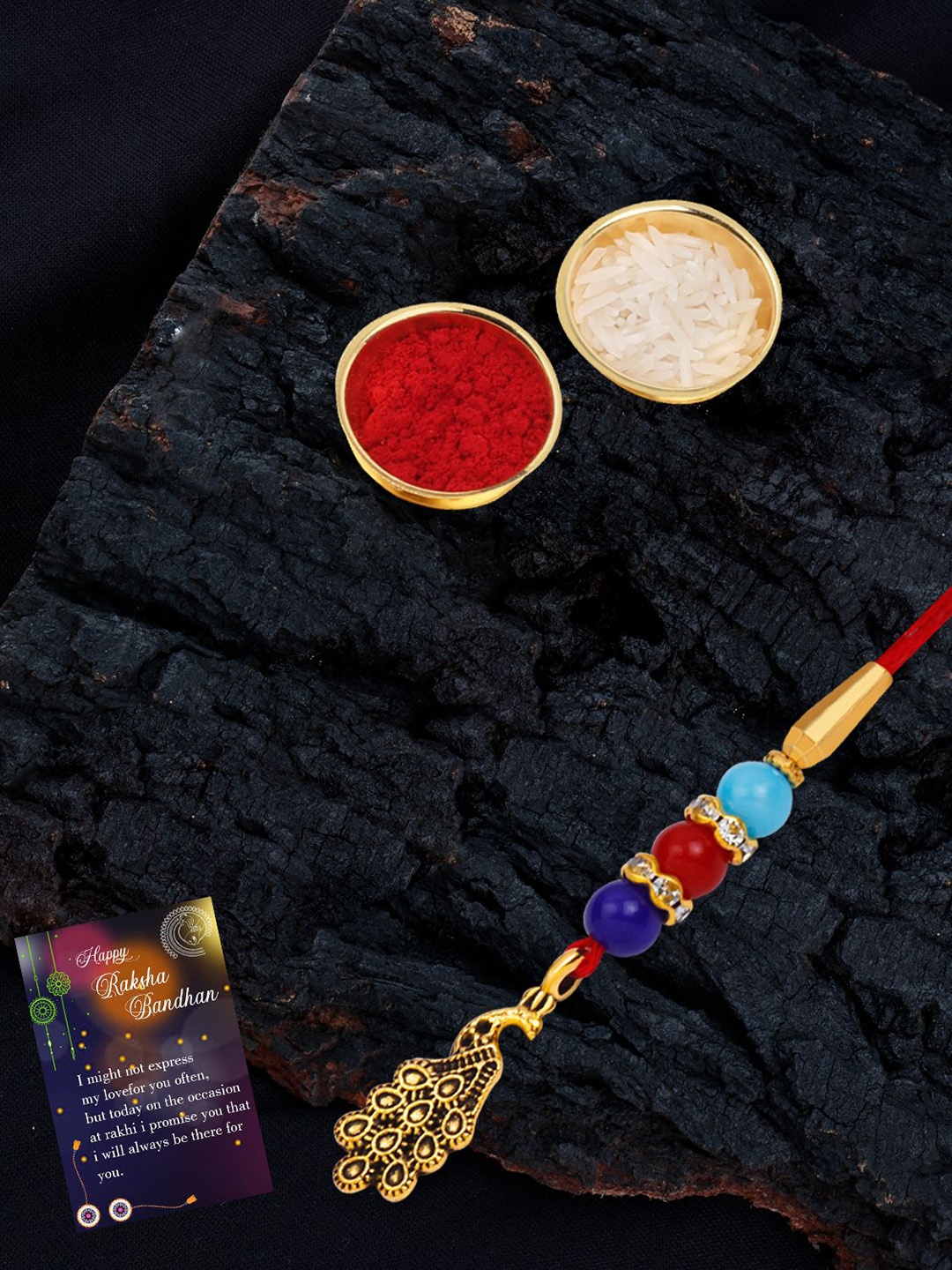 

Silver Shine Bhaiya Bhabhi Thread Rakhi With Roli Chwal, Gold