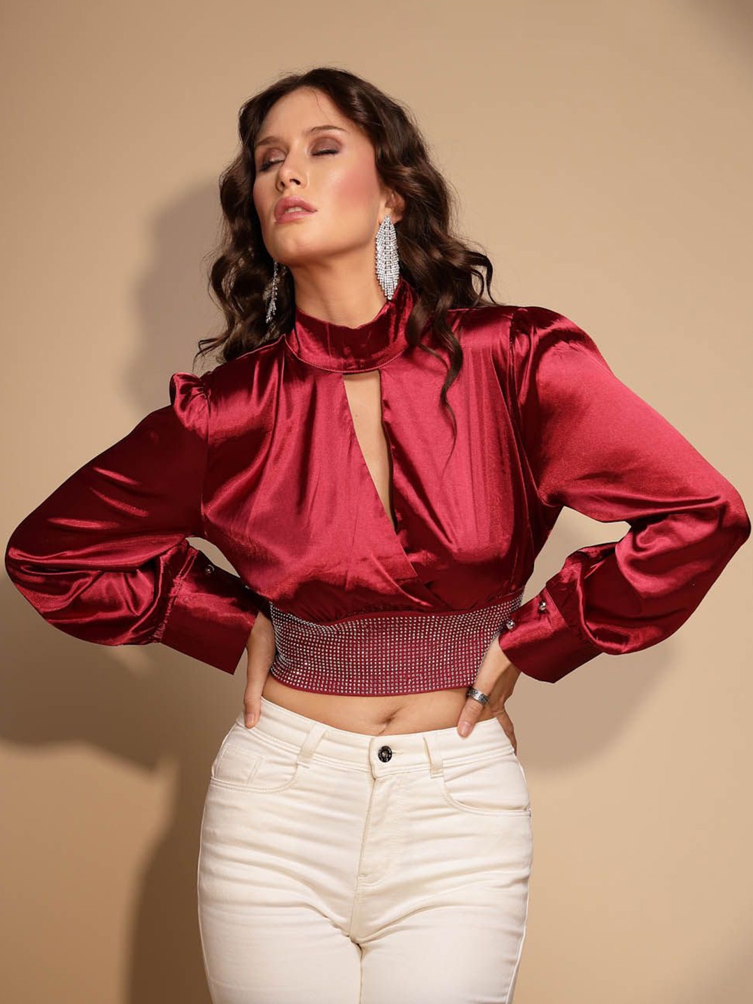 

Global Republic Satin Blouson Crop Top, Maroon