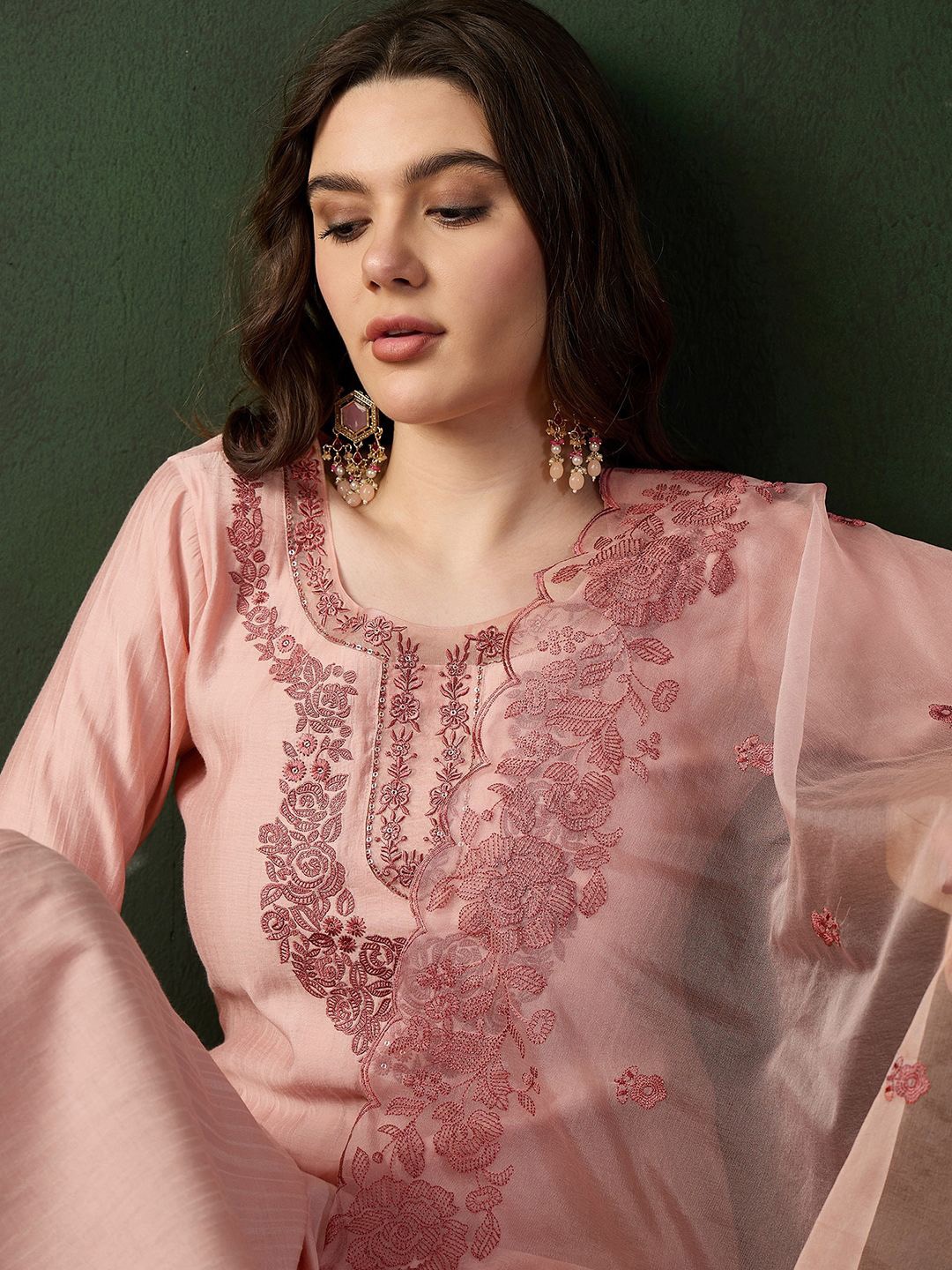 

Sangria Peach Floral Embroidered Straight Kurta With Trouser & Dupatta