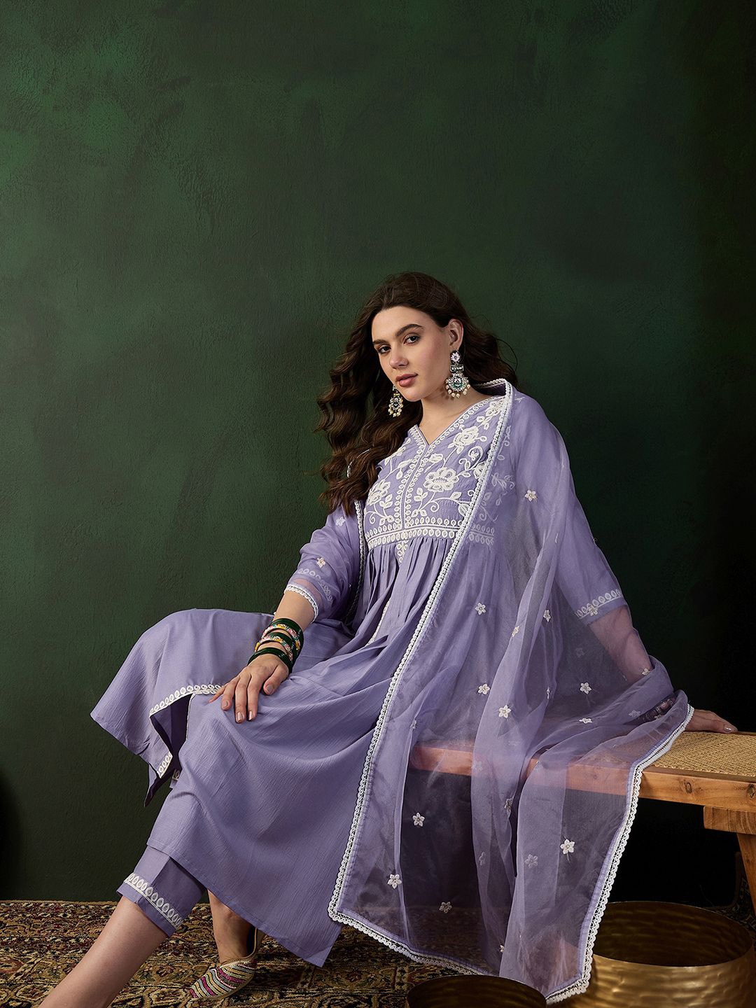 

Sangria Lavender Floral Embroidered A-Line Kurta With Trouser & Dupatta
