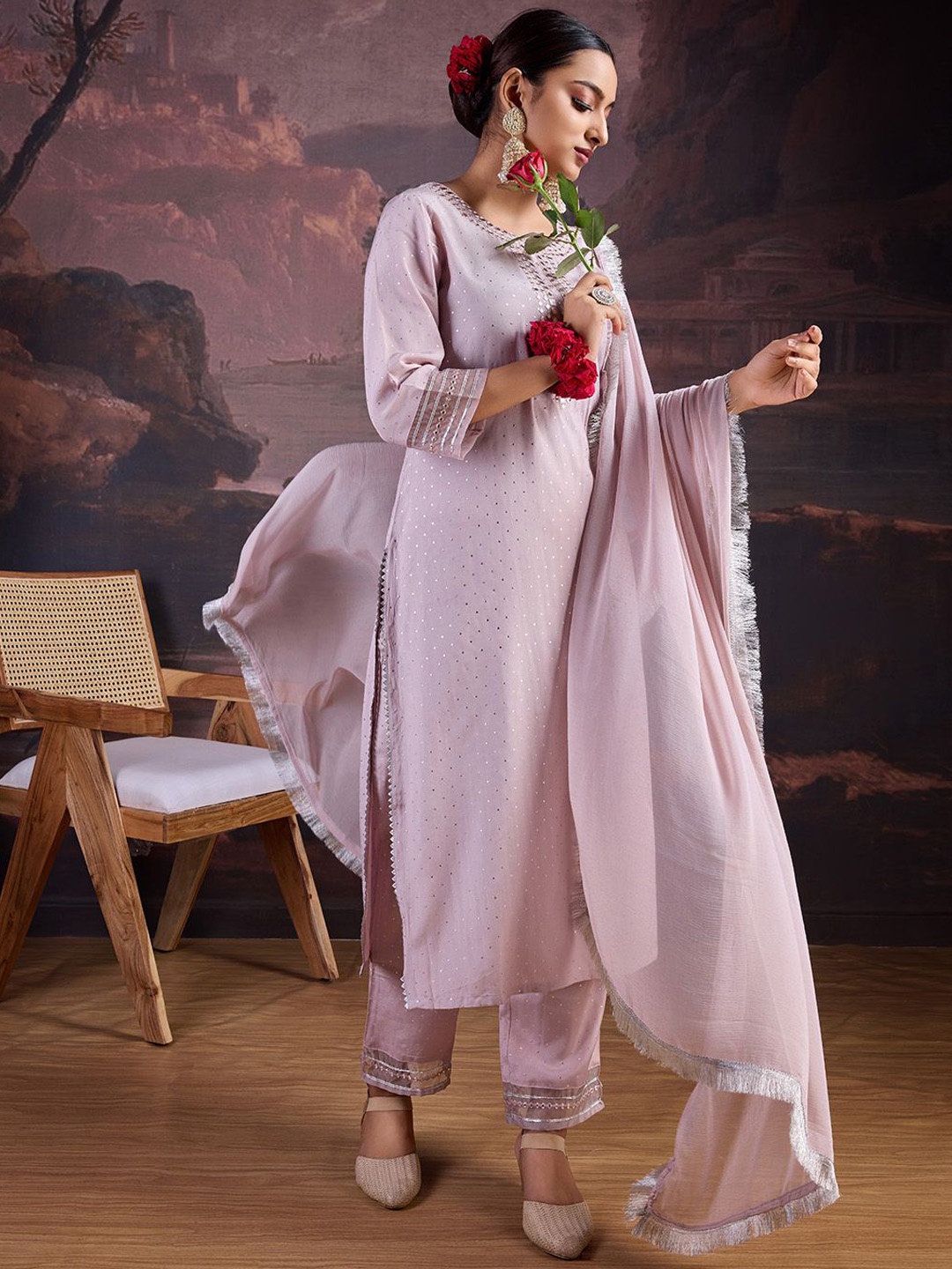 

House of Pataudi Ethnic Motifs Embroidered Straight Kurta With Trouser & Dupatta, Mauve