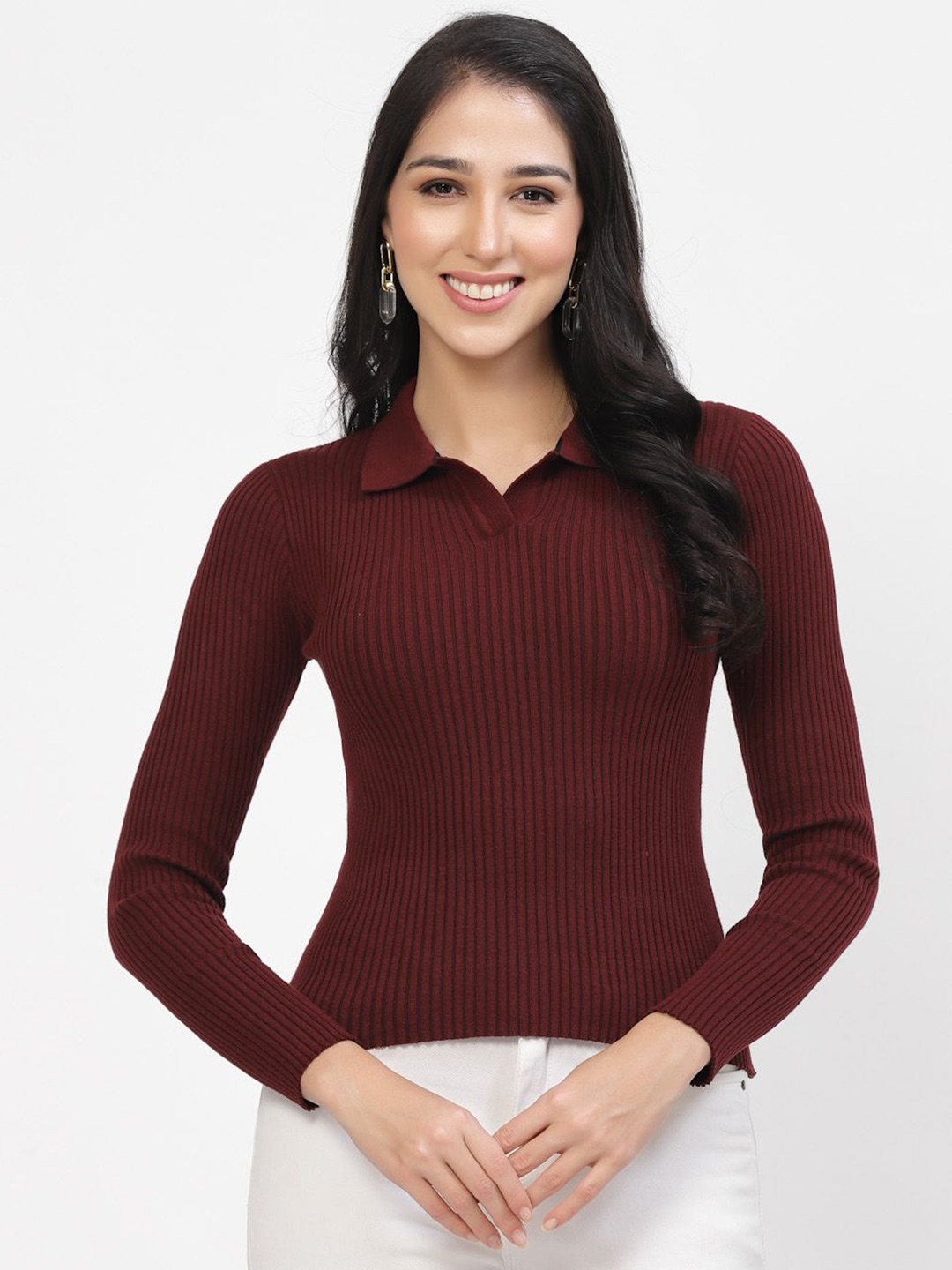 

Kalt Women Striped Ribbed Pullover, Maroon