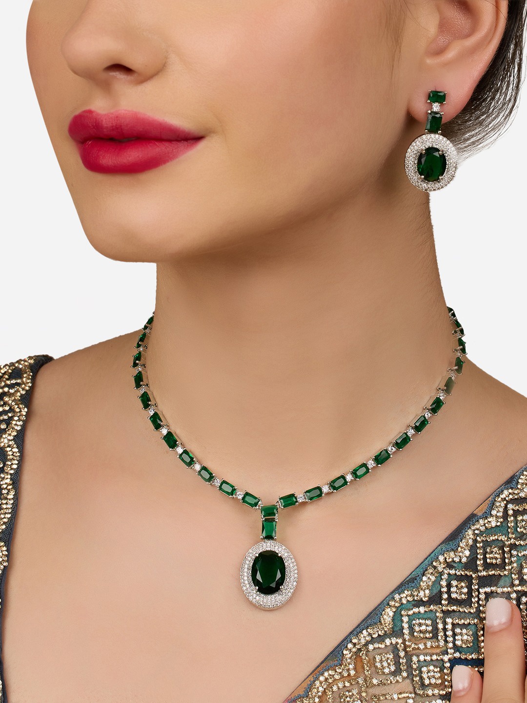 

Zaveri Pearls Silver-Plated Cubic Zirconia Stone Studded Jewellery Set