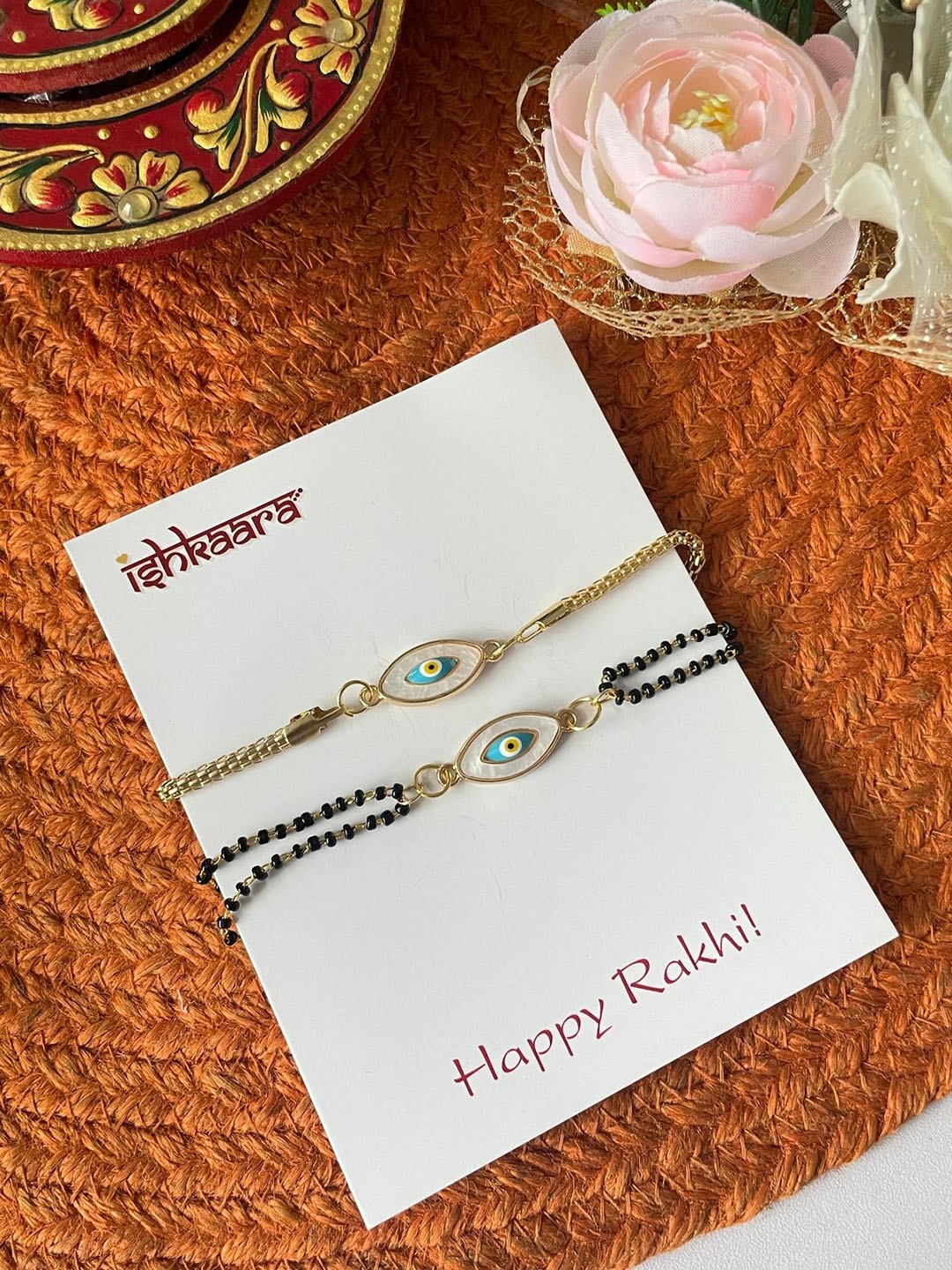 

ISHKAARA Beaded Bhaiya Bhabhi Wraparound Rakhis, Gold