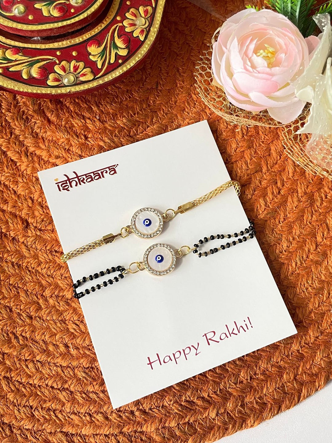 

ISHKAARA Bhaiya Bhabhi Evil Wraparound Rakhi With Roli Chawal, Gold